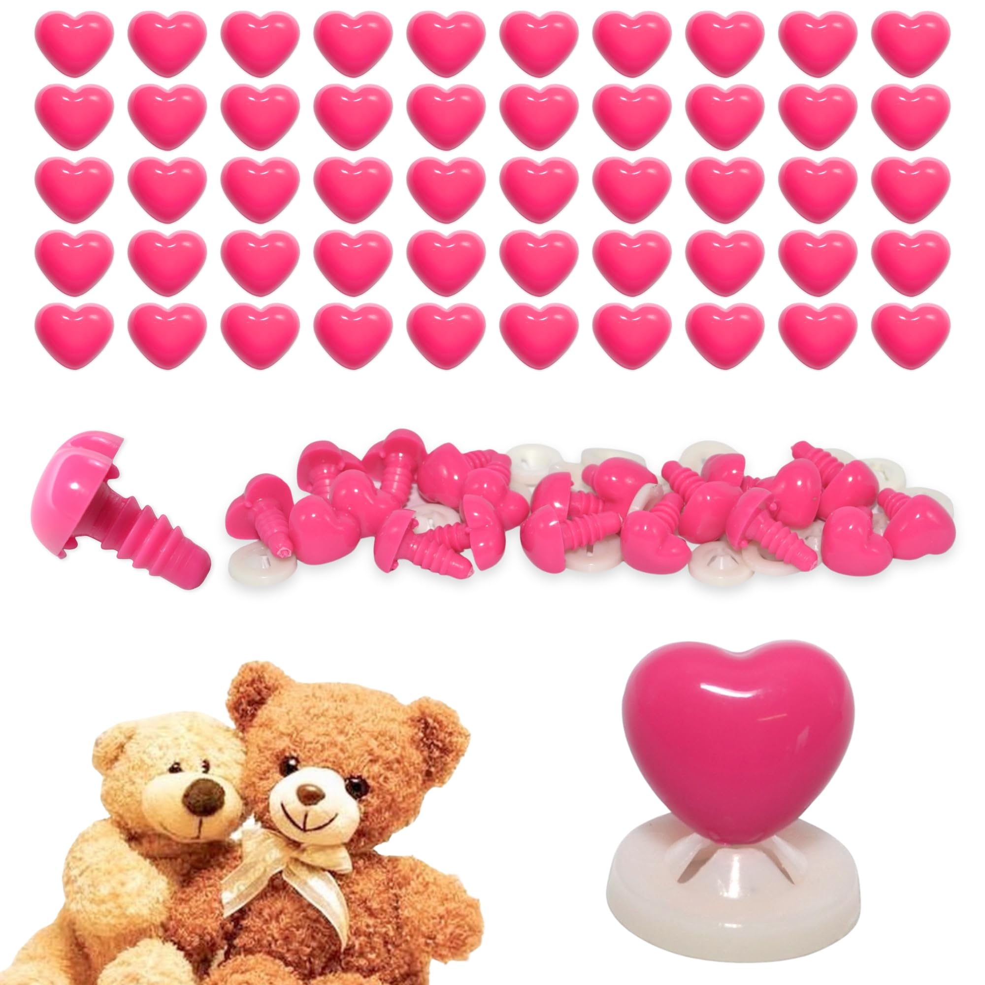 celloexpress 12mm x 11mm Hot Pink Heart Noses with Plastic Backs - Safety Noses for Soft Toy Teddy Bear Animal Making (Pack of 100)