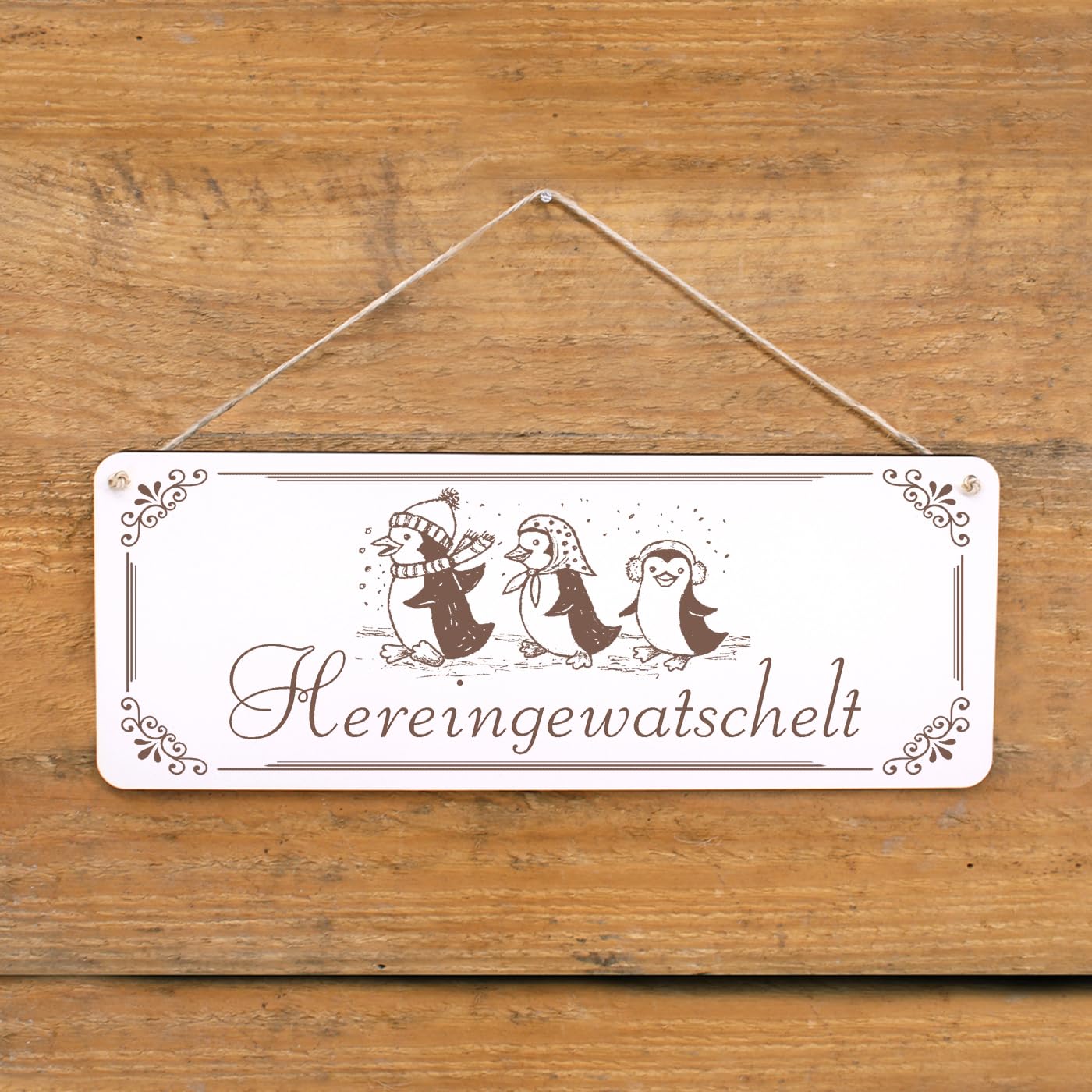 Türschild „Hereingewatschelt“ Mit Pinguin-Familie – Winter-Deko Für Zuhause