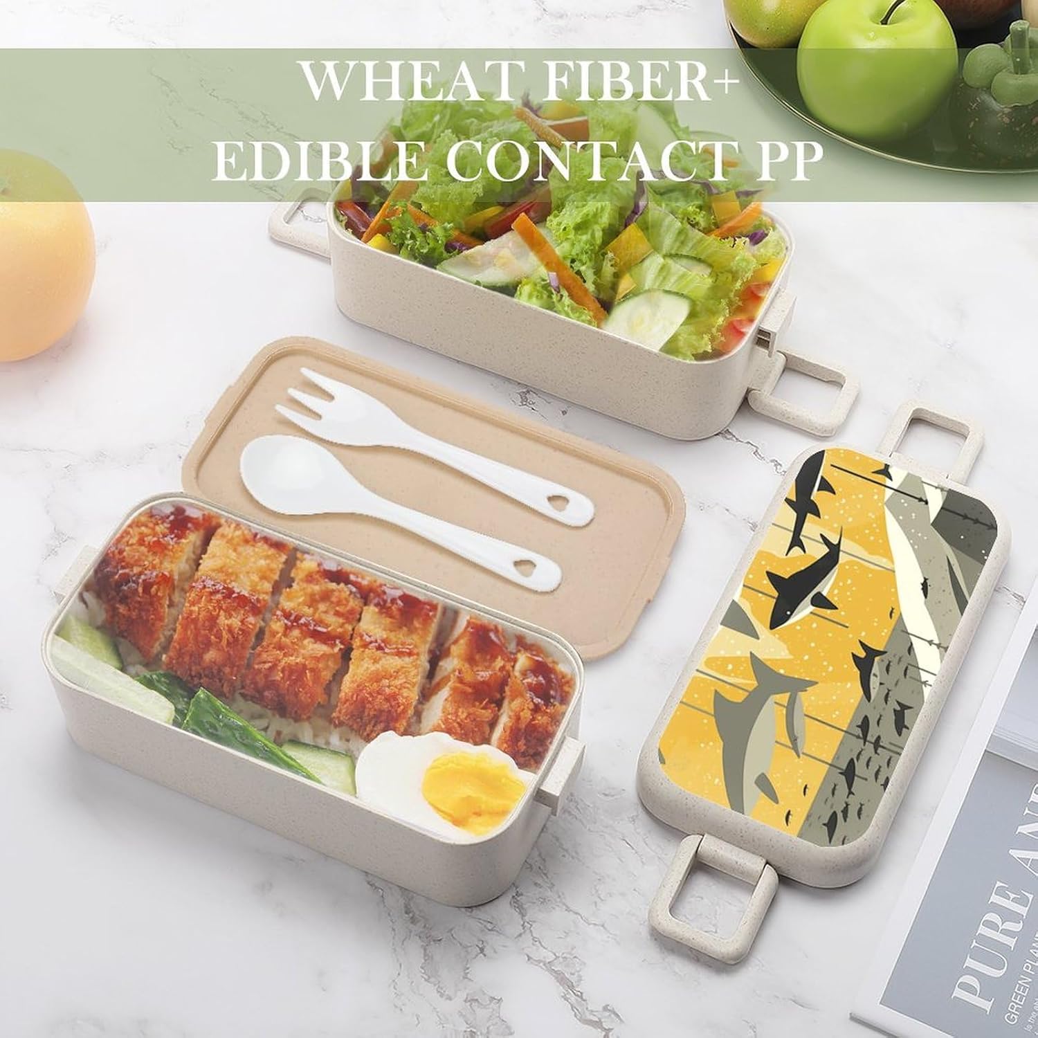 Lunch Box Bento Premium Shark Silhouette Printed Bento Box Bento with Spoon And Fork with Compartment Containers Suitable for Men And Women, style