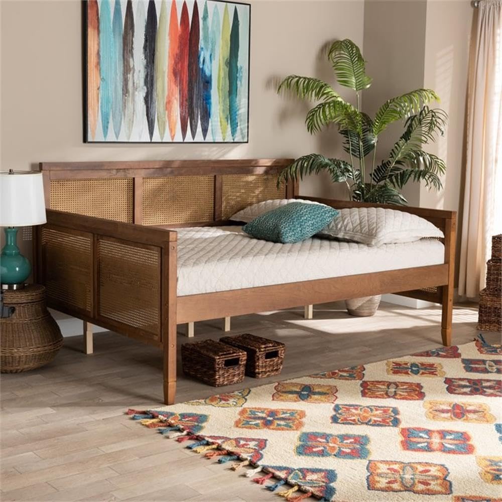 BOWERY HILL Modern Full Size Daybed, Walnut Finish, Rubber Wood and Synthetic Rattan, Spade Feet, 41.5" H x 78.3" W x 56" D, Vintage French Style for Living Room or Guestroom