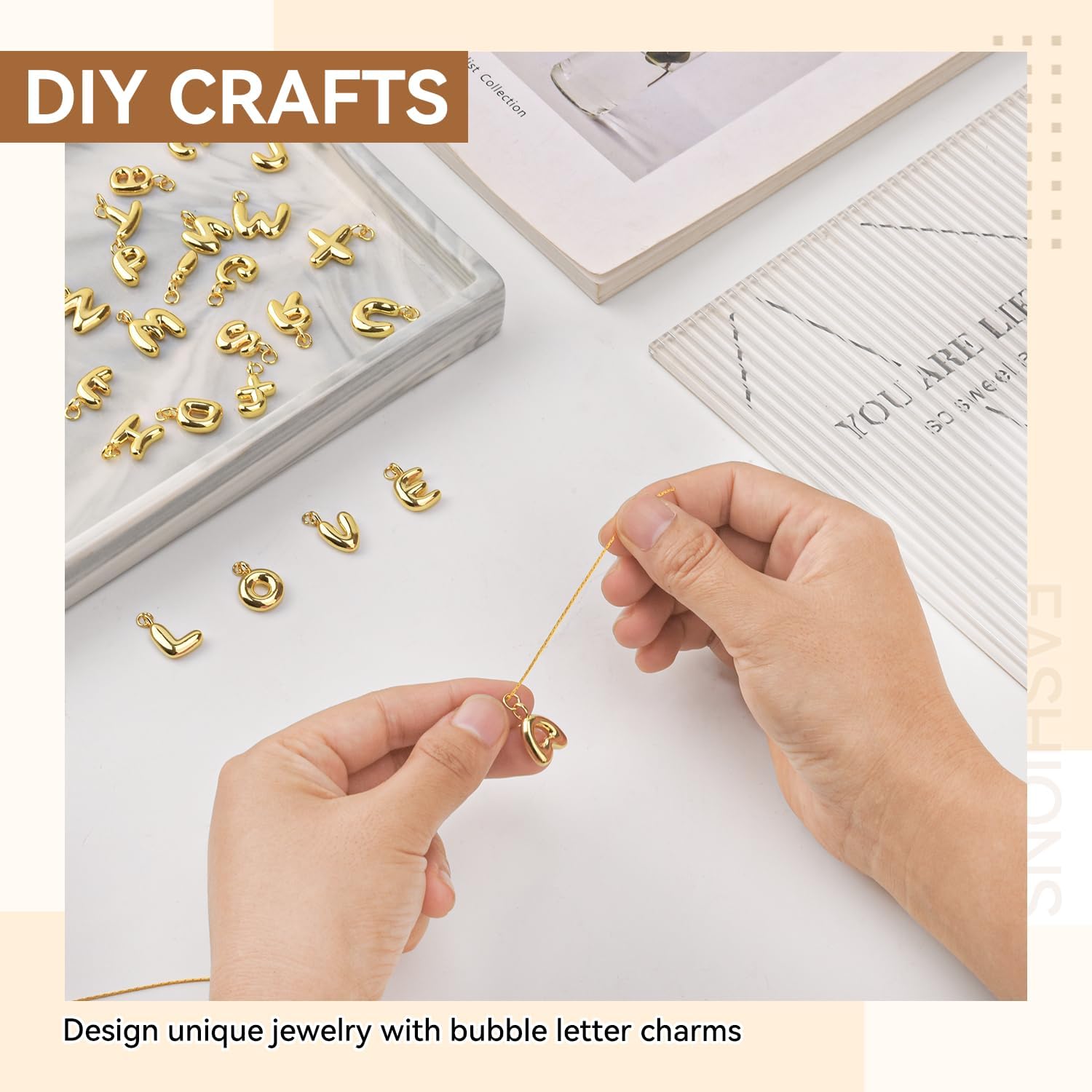 26PCS 18K Gold Filled Initial Charms for Jewelry Making, Trendy Bubble Letter Charms for Bracelet, Gold A-Z Alphabet Beads for Women Necklace Earrings DIY Crafts Making