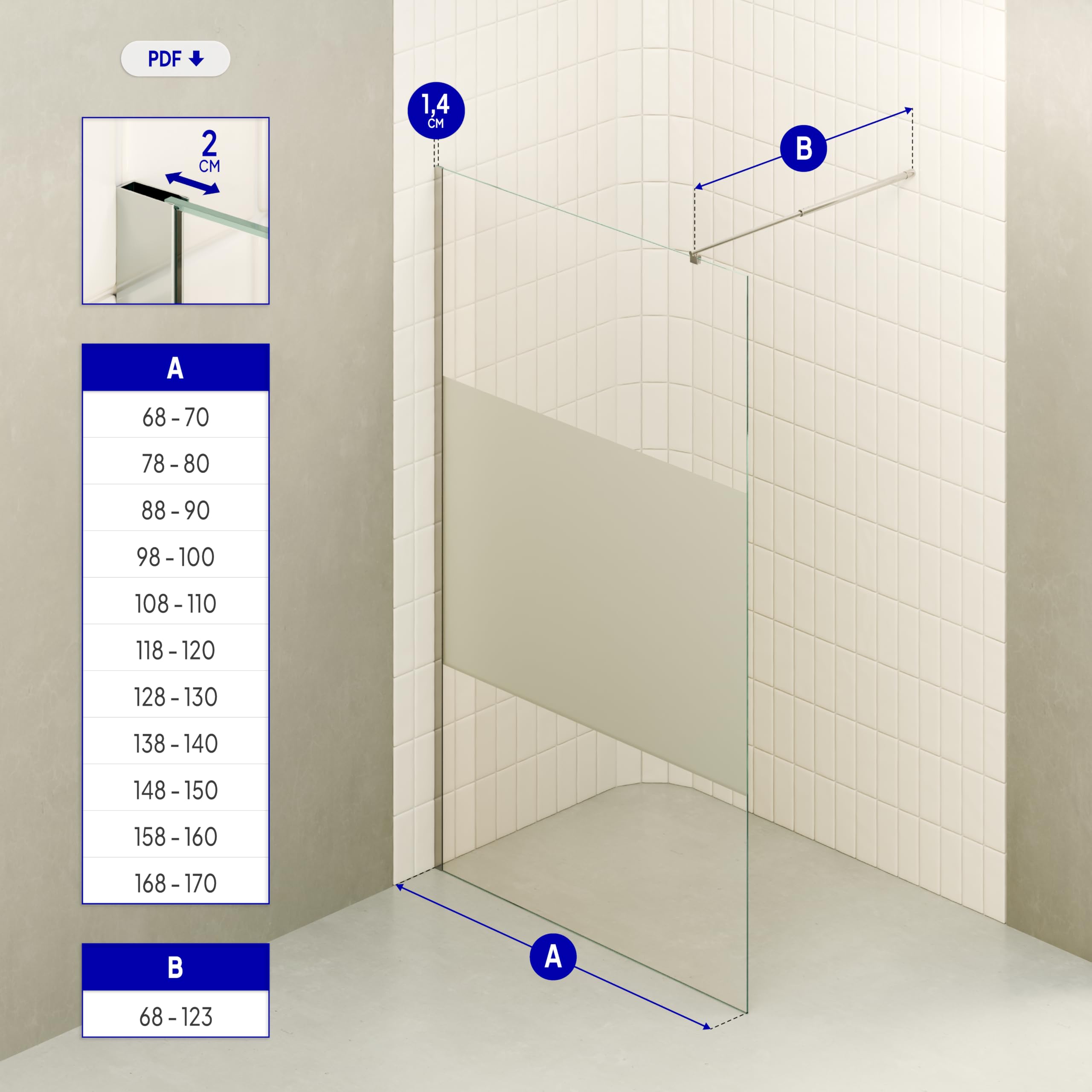 Mampara de Ducha Fija/Walk-In Fiona 140x200cm, Cristal Templado Parcialmente Satinado de 10mm, Perfiles e Barra Estabilizadora en Acero Inoxidable Cromado