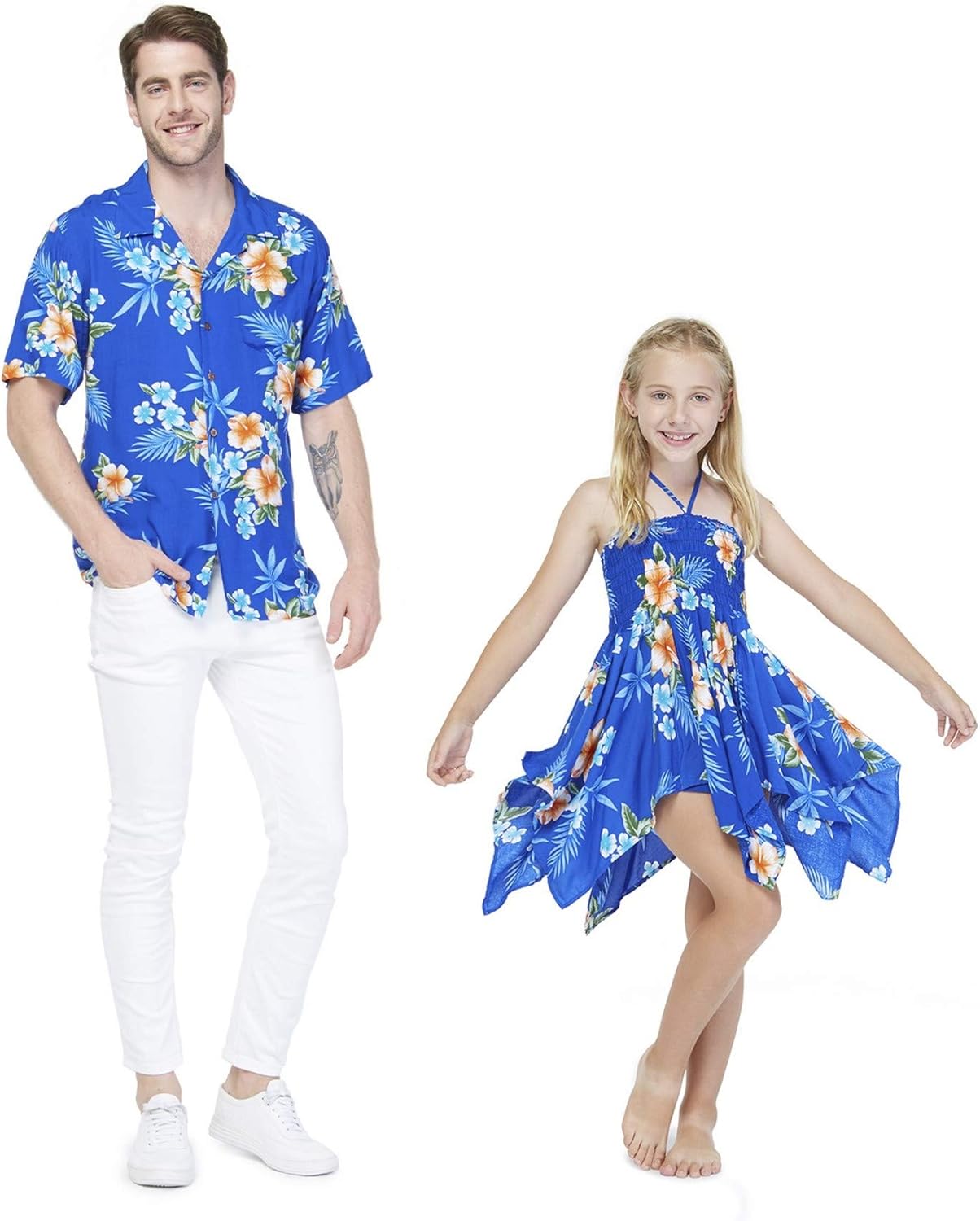 Matching Father Daughter Hawaiian Luau Men Shirt Girl Gypsy Dress in Hibiscus