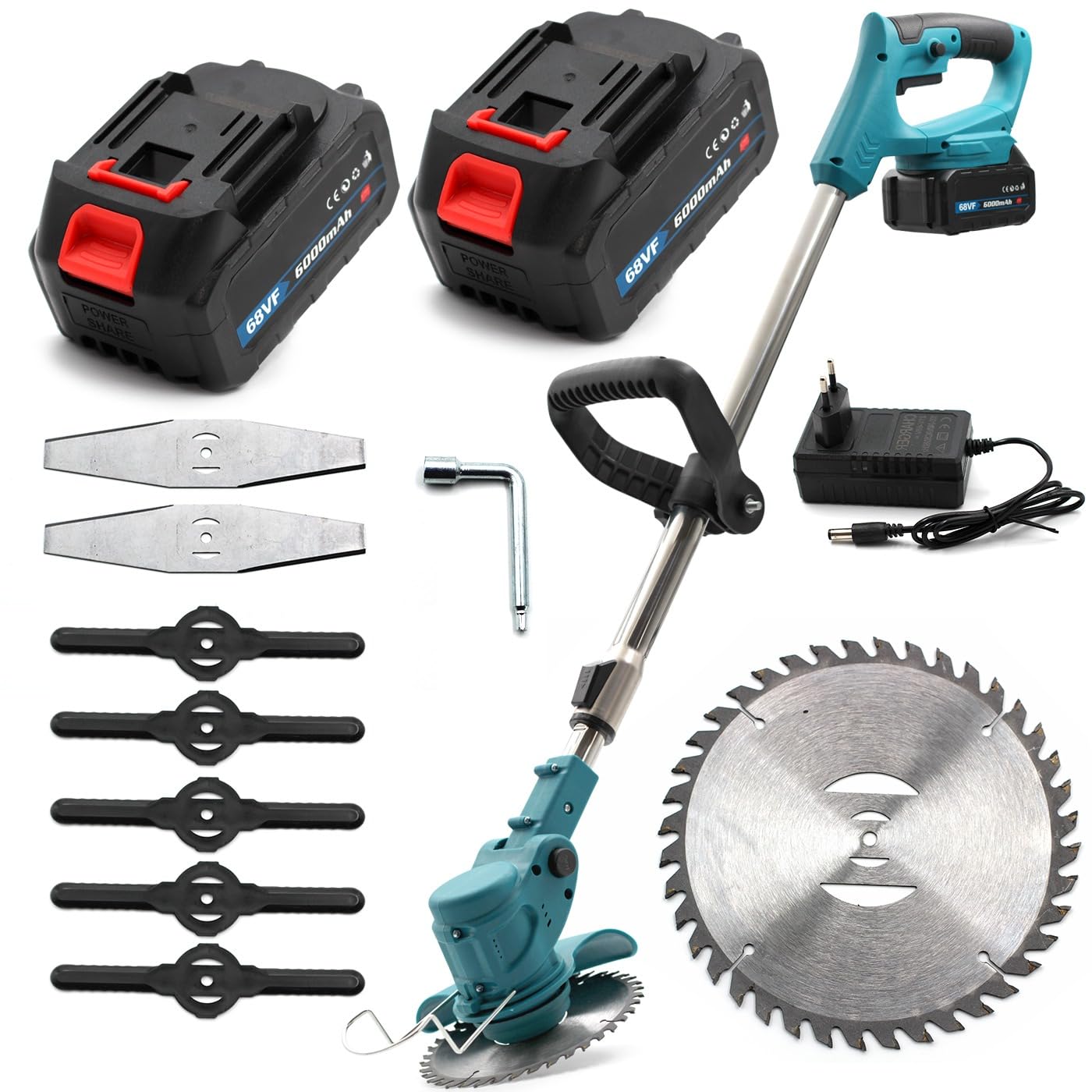 081 Store - Tagliaerba a batteria 68v, Decespugliatore a 2 batterie da 68v con 3 modalità di taglio, tagliabordi senza filo con asta telescopica e testa girevole di 90°