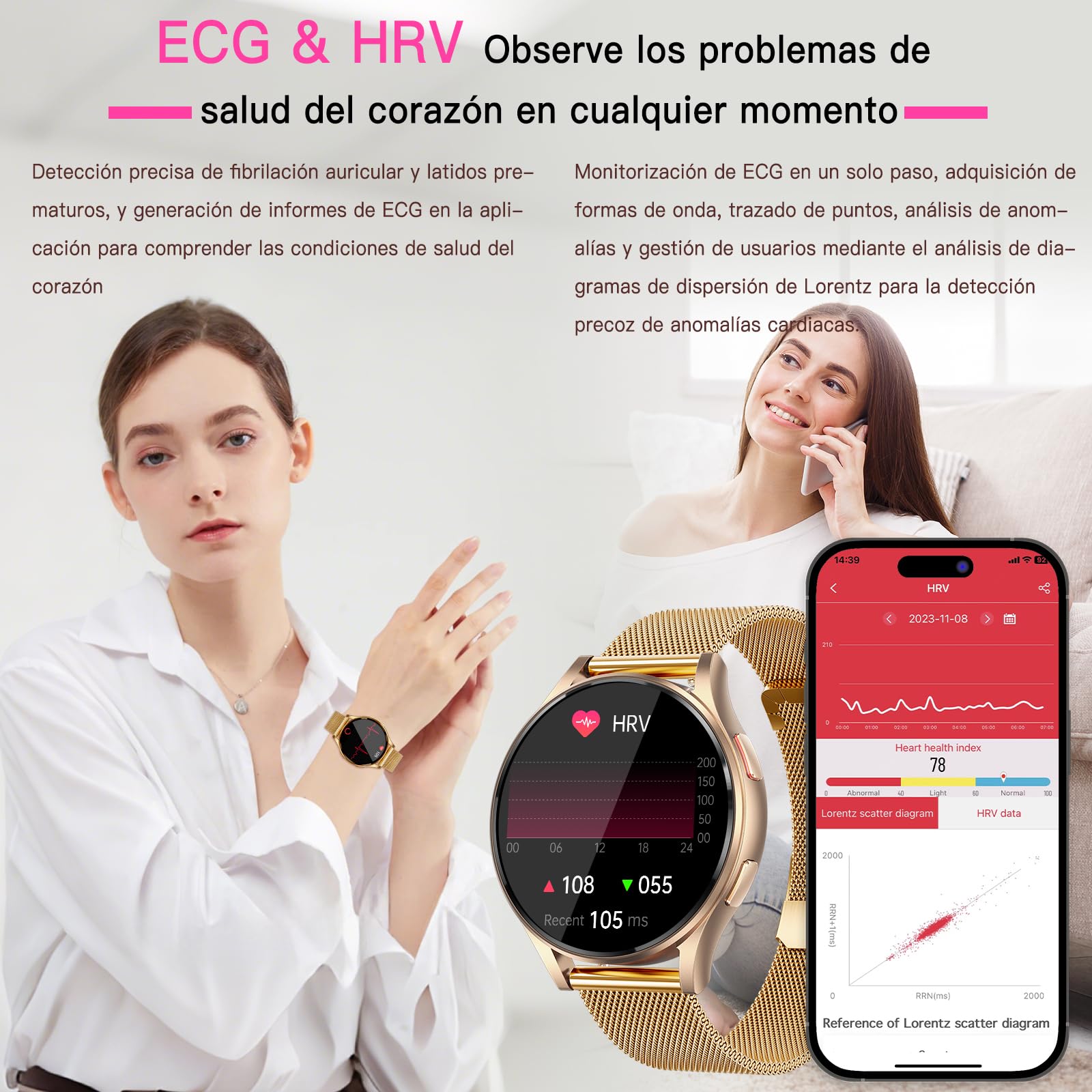 2026 ECG+HRV Reloj Inteligente Mujer con Presión Arterial/BMI/Microchequeo, 1.43'' AMOLED Smartwatch con Función Femenina, 24H Pulsometro, SpO2, Monitor de Sueño, para iOS Android | 1.43'' AMOLED Smartwatch Con Función Femenina, BMI, Microchequeo, Pulsome