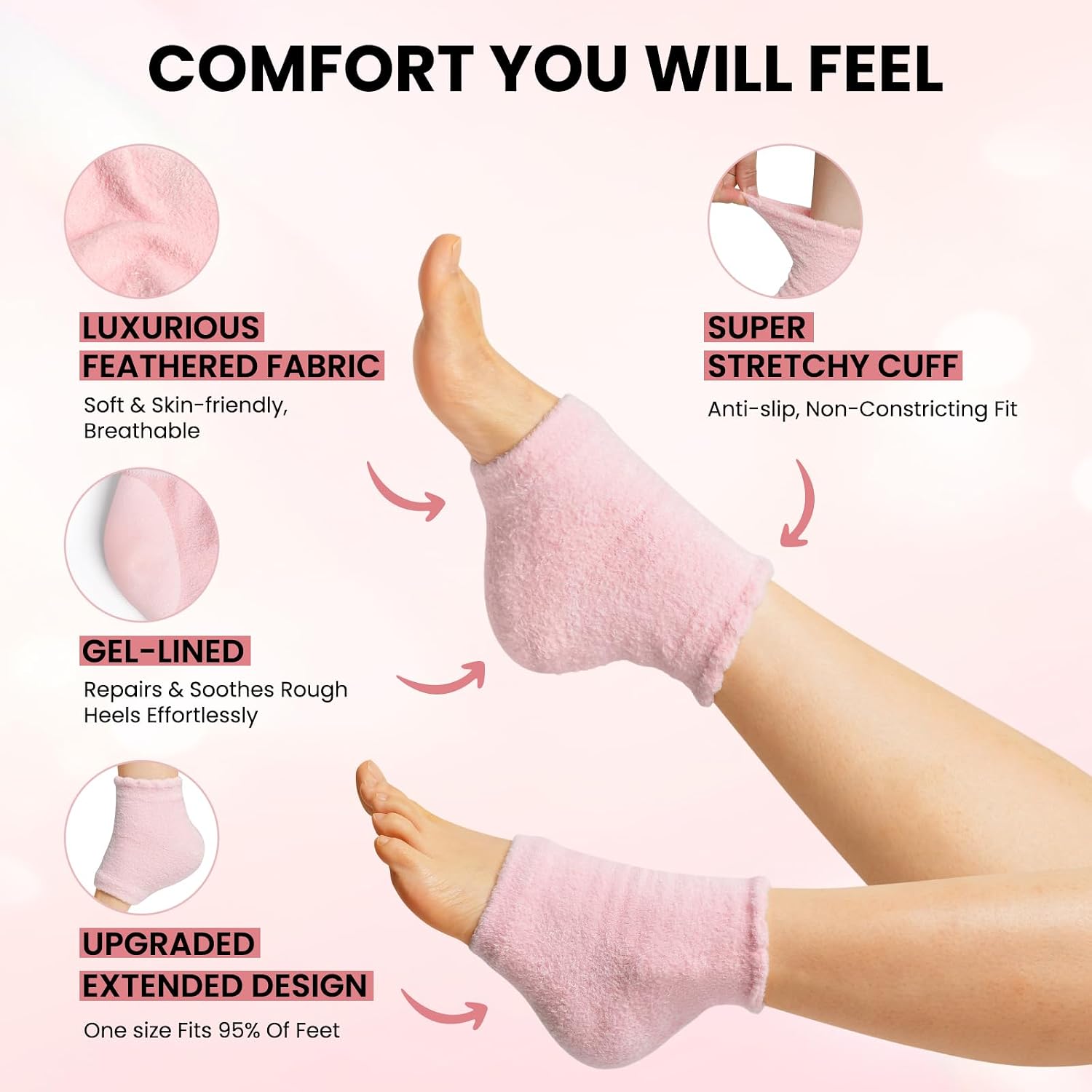 Moisturizing Socks - 1 Pair Heel Socks for Dry Cracked Feet Women, Moisturizing Heel Socks Infused with Shea Butter & Rose Oil for Deep Repairing & Softening (Pink)