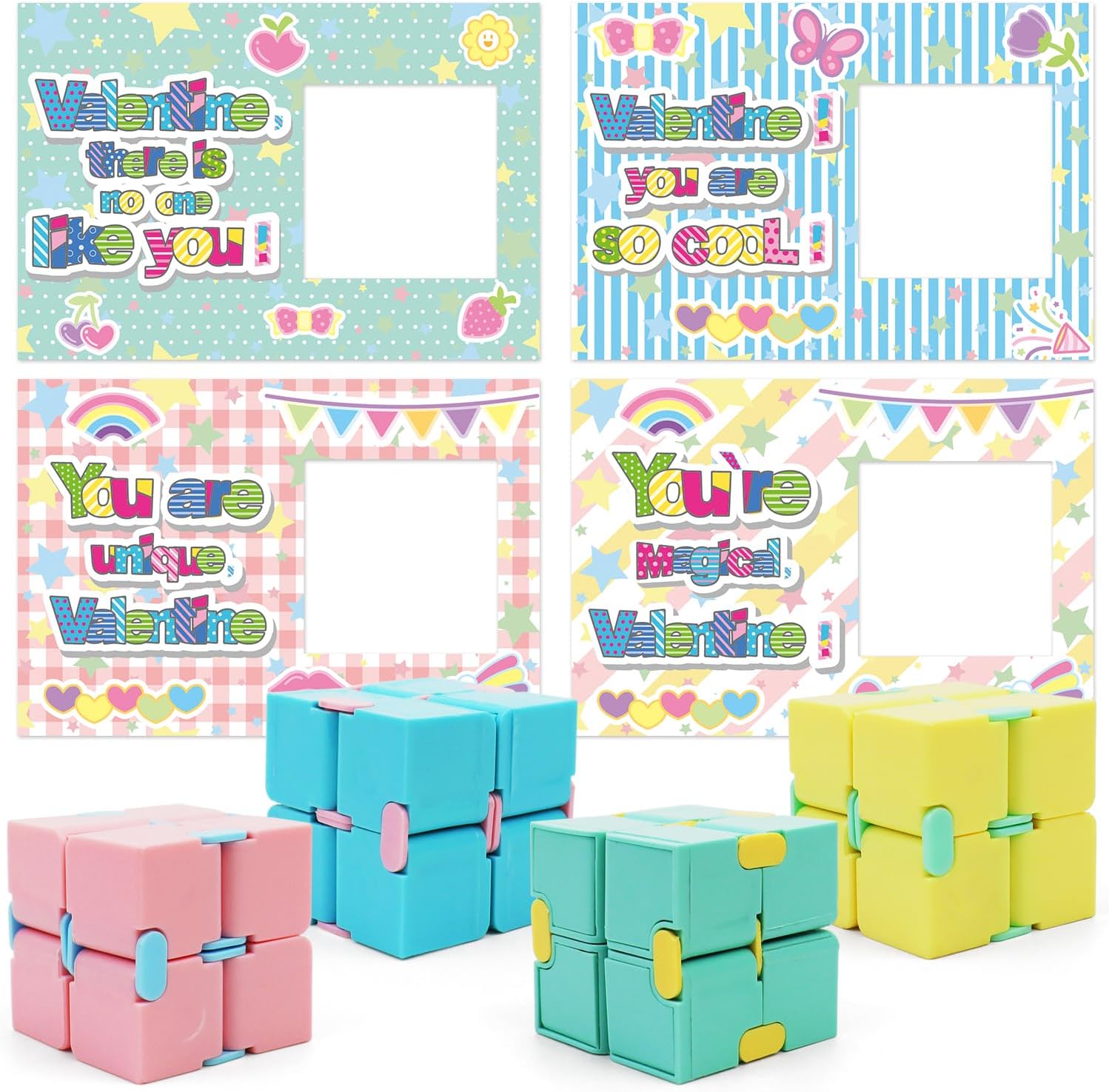 28 Pack Valentines Day Gifts for Kids, 4 Color Infinity Cubes with Valentines Gift Cards for Boys Girls School Classroom Exchange Prize, Valentines Party Favors Toys