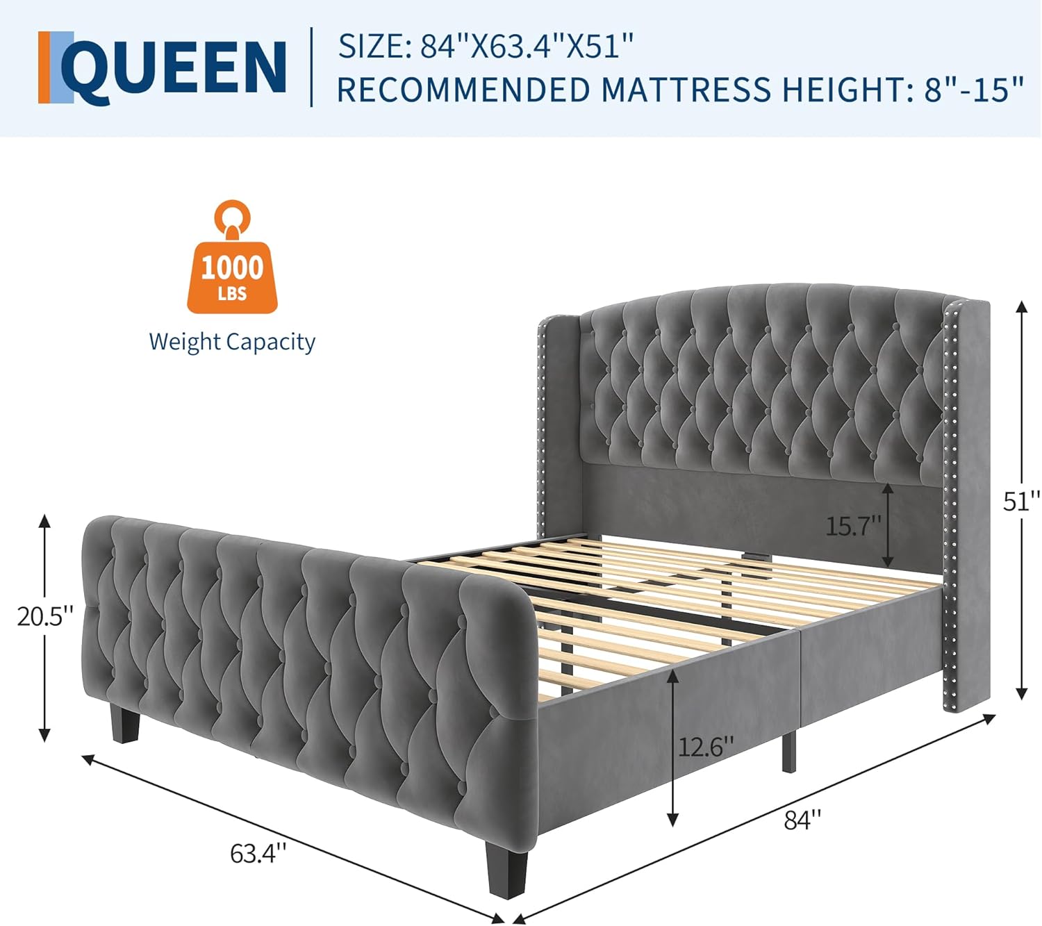 GarveeHome 51" Tall Queen Size Bed Frame with Deep Button Tufted Wingback Headboard and Footboard, Velvet Upholstered Platform Bed Frame, No Box Spring Needed, Easy Assemble, Grey