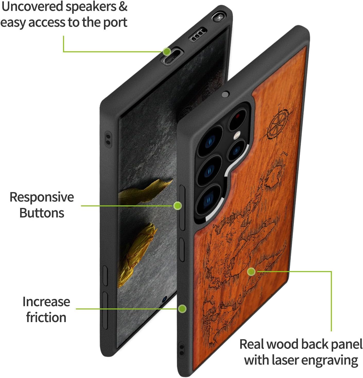 Carveit Wood Case for Galaxy S22 Ultra Case [Natural Wood & Black Soft TPU] Shockproof Protective Cover Unique & Classy Wooden Design Compatible with Samsung S22 Ultra (Compass Maps-Rosy)