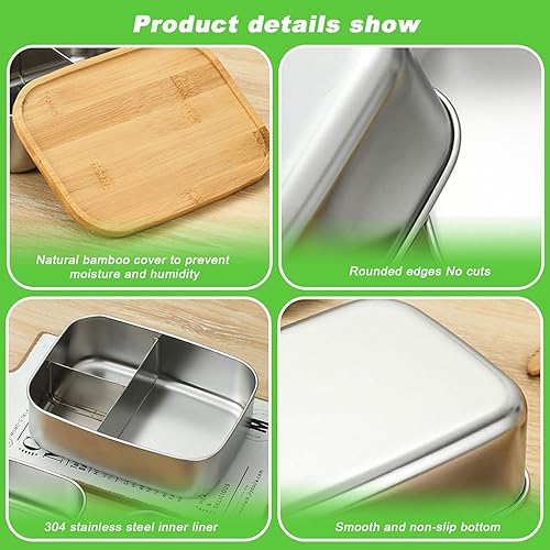 Miniatura 2 de Caja Bento de acero inoxidable con tapa de madera, contenedor de almuerzo de metal duradero de 40 onzas40.6 fl oz, diseño de tres compartimentos