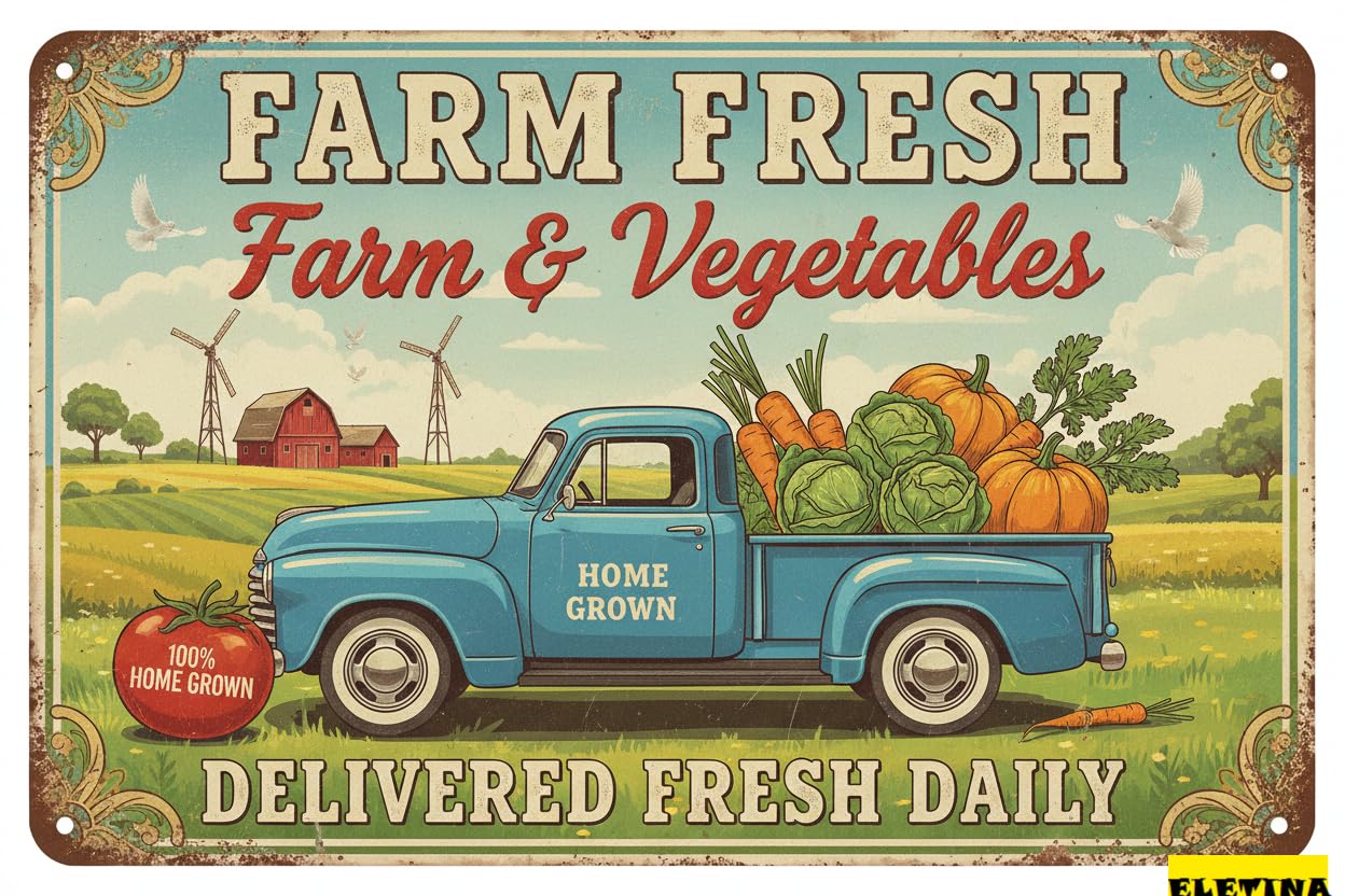 Farm Fresh Fruits Vegetables Rustic Tin Sign, 8x12 Inch