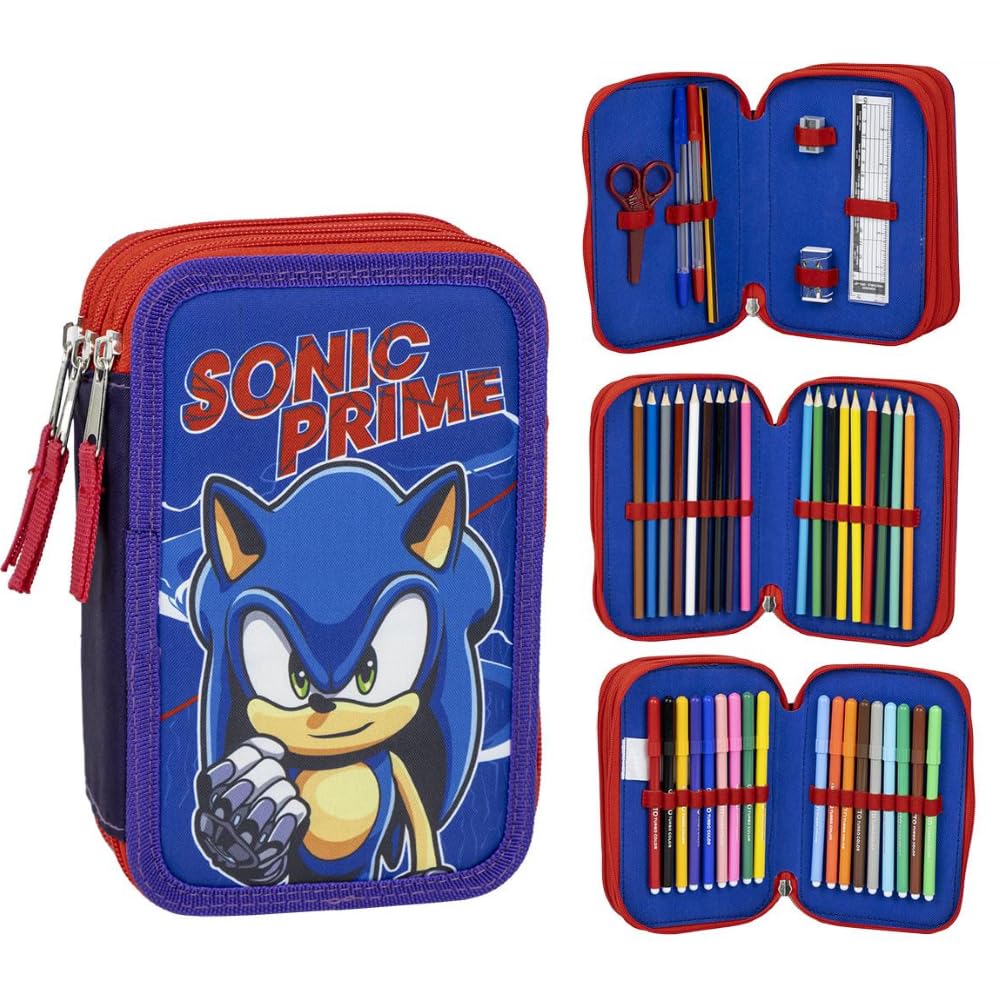 CARTOON Estuche multicompartimento estuche 3 cremalleras para la escuela completo bolígrafos lápices colores rotuladores, Sonic (1), Estuches