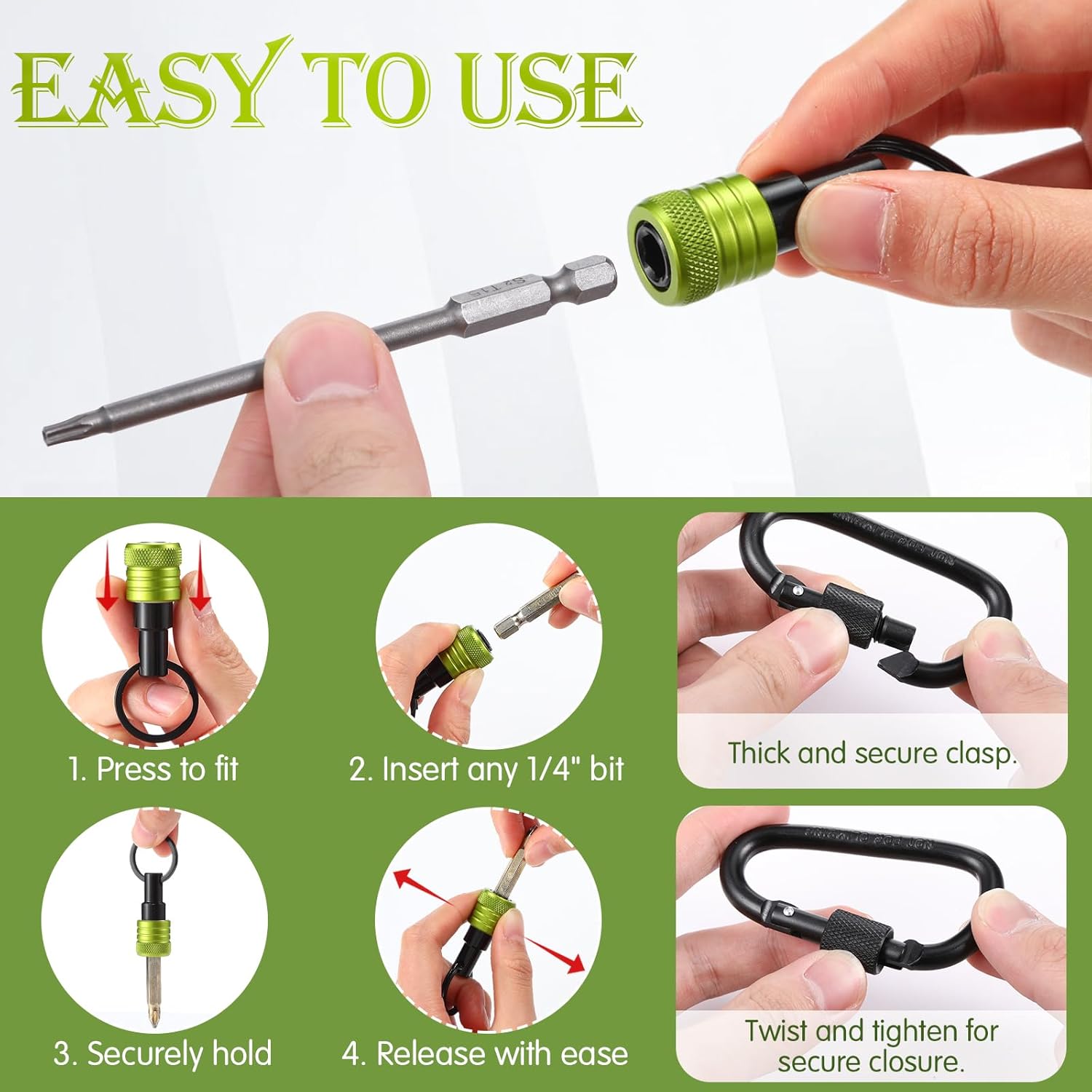 Threlaco 12 Pcs Upgraded Bit Holder Keychain, 1/4 Inch Socket Hex Shank Bit Holders Aluminum Alloy Quick Release Screwdriver Extension Tool for Impact Driver Drills Nut Gifts for Men (Green)