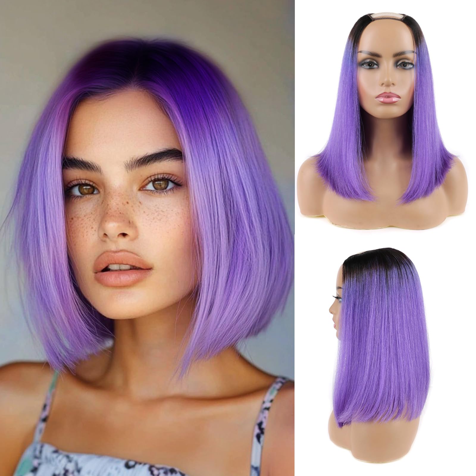 Huarisi Ombre Purple U Part Bob Wig Human Hair Straight 12 Inch Short Real Hair Brazilian U-part Wigs with 1b to Purple Colour for Black Women