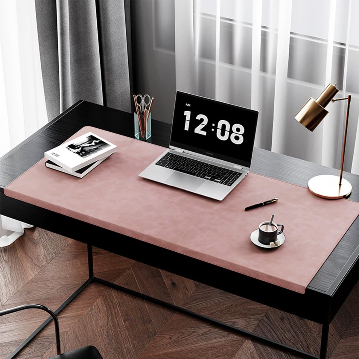 Leather Edge-Locked Desk Pad with Edge Protector, Office Extended Keyboard Mouse Mat for Work Typing, Waterproof Smooth Study Desk Writing Mat Table Blotter (Pink,100x43cm)