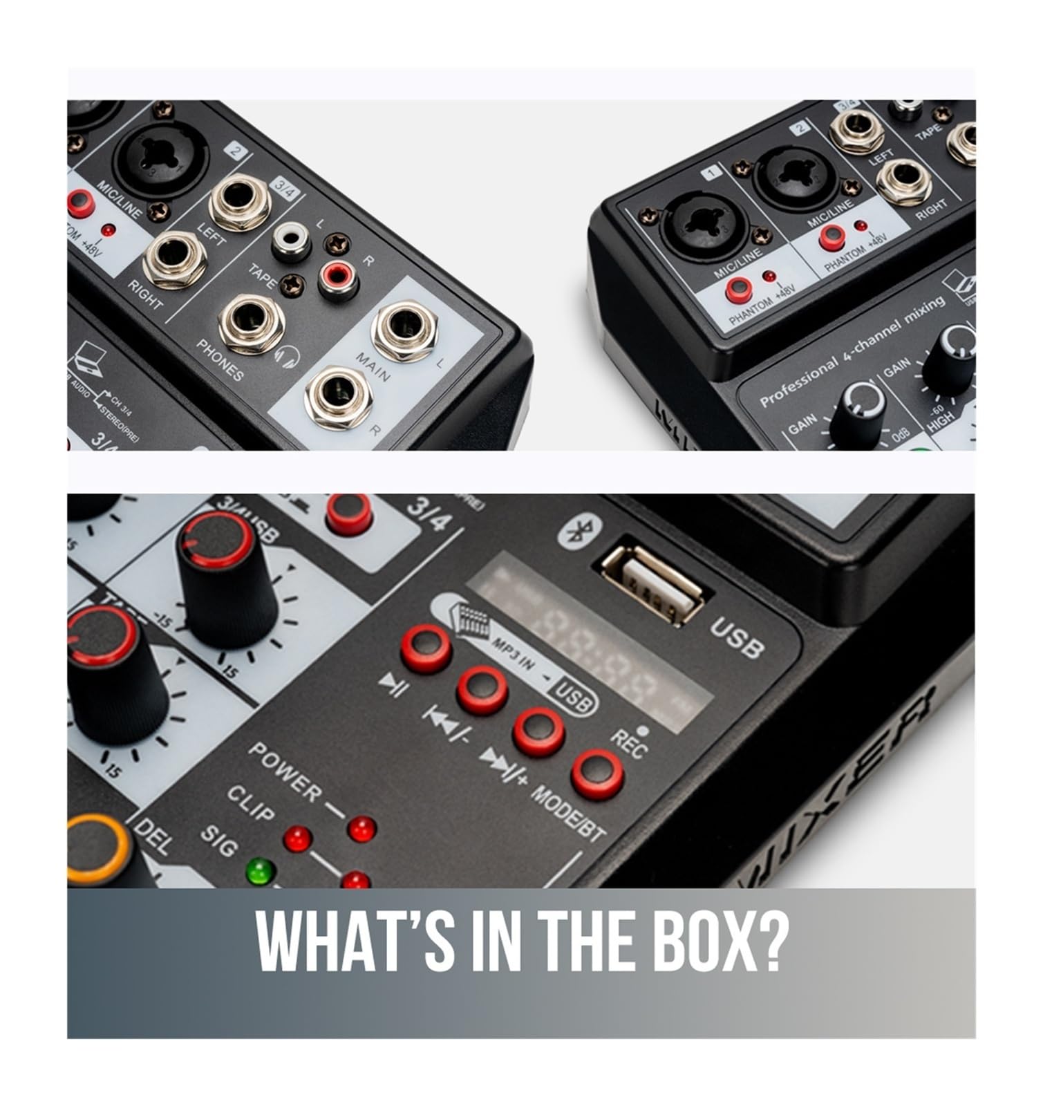 Mélangeur audio, Mixeur de son professionnel 4 canaux 48 V Alimentation fantôme Reverb FX Console mixage DJ Lecteur USB Musique Stéréo