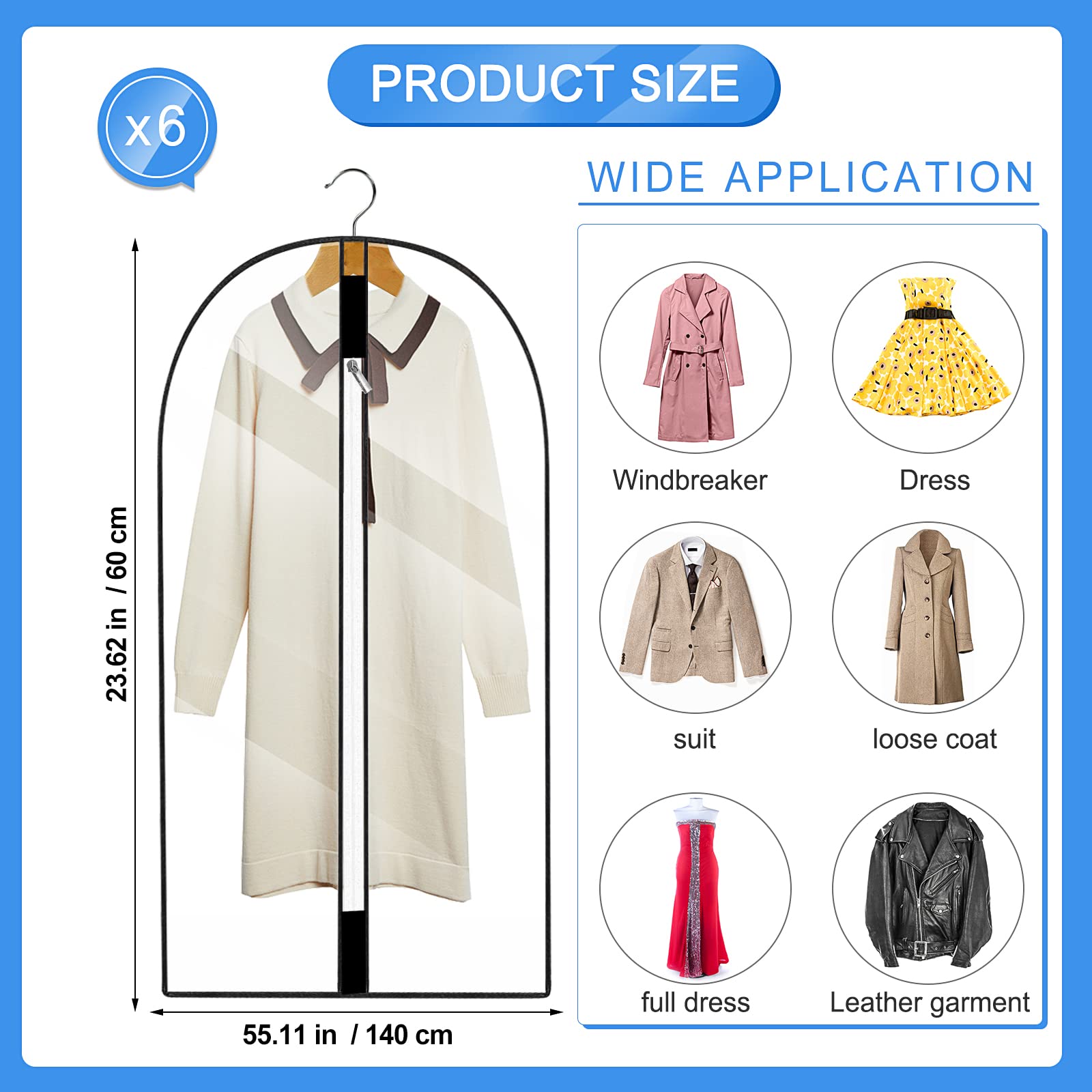 6PCS Housses de Vêtements avce Zip, 60CMX140CM Voir à Travers Anti Poussière Etanche Mite Humidité, Anti-Poussière Housses de Protection pour Chemise Costumes Manteaux Clothes Covers Sac de Vêtement