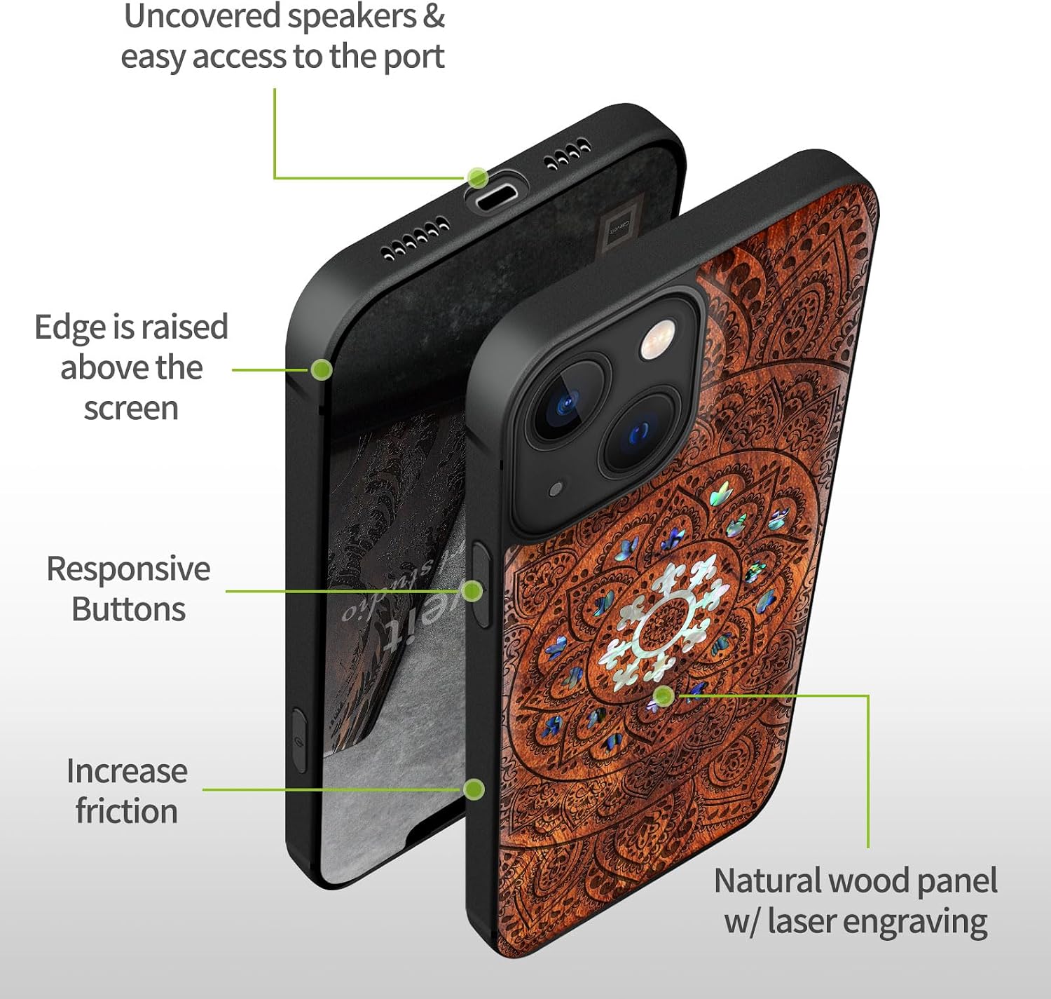 Carveit Designer Wooden Protective Case for iPhone 13 Mini Magnetic Cover [Wood Engraving & Shell Inlay] Compatible with 13 Mini MagSafe (Mandala Floral-Rosy)