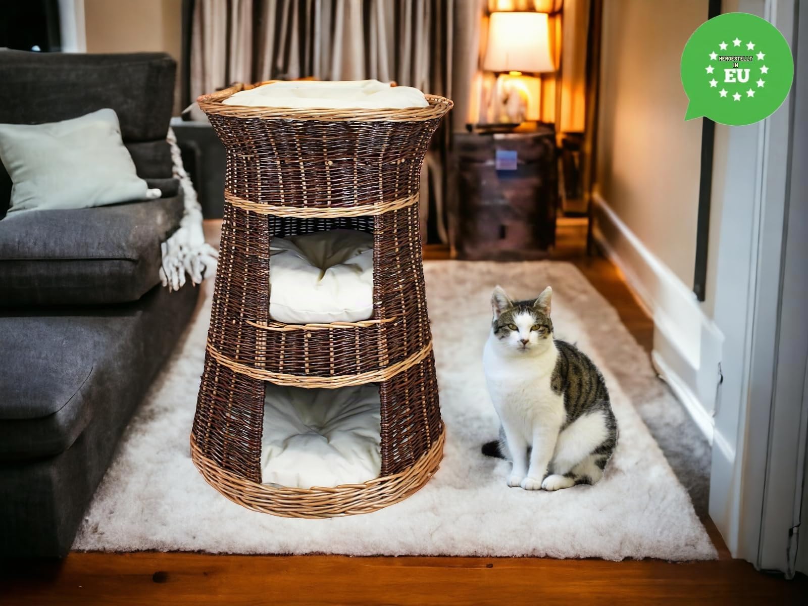 Katzenkorb zum Schlafen – Katzenhütte Indoor – Größe: 43 x 49 x 70 cm rund – Katzenhöhle aus Weide – Dreistufiges Bett für Hunde oder Katzen mit waschbaren Kissen in Ecru – Lackierter Korb