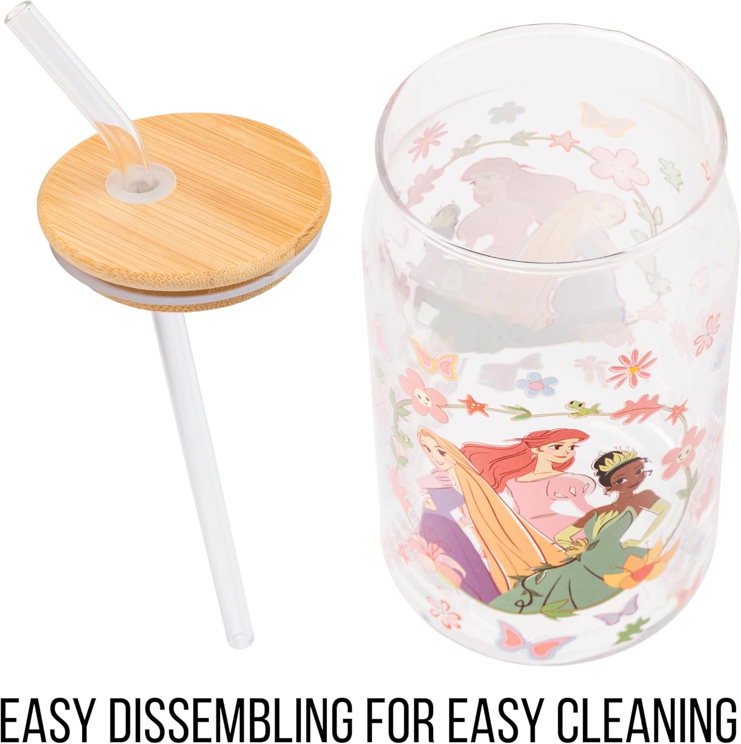 Silver Buffalo Disney Princesses Featuring Rapunzel Tangled, Ariel Little Mermaid, Tiana Princess and the Frog Spring Floral Glass Jar Tumbler with Bamboo Lid and Glass Straw, 16 Ounces - Image 6