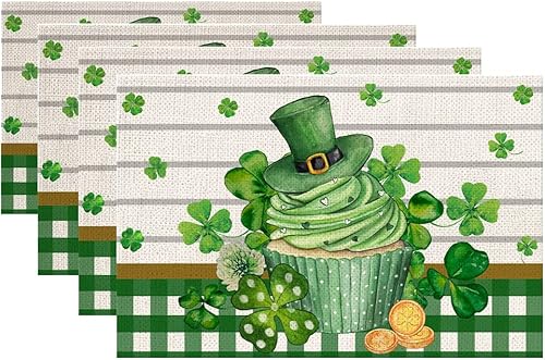 ARKENY Juego de 4 manteles individuales de trébol verde del día de San Patricio de 12 x 18 pulgadas decoración navideña dorada de primavera para