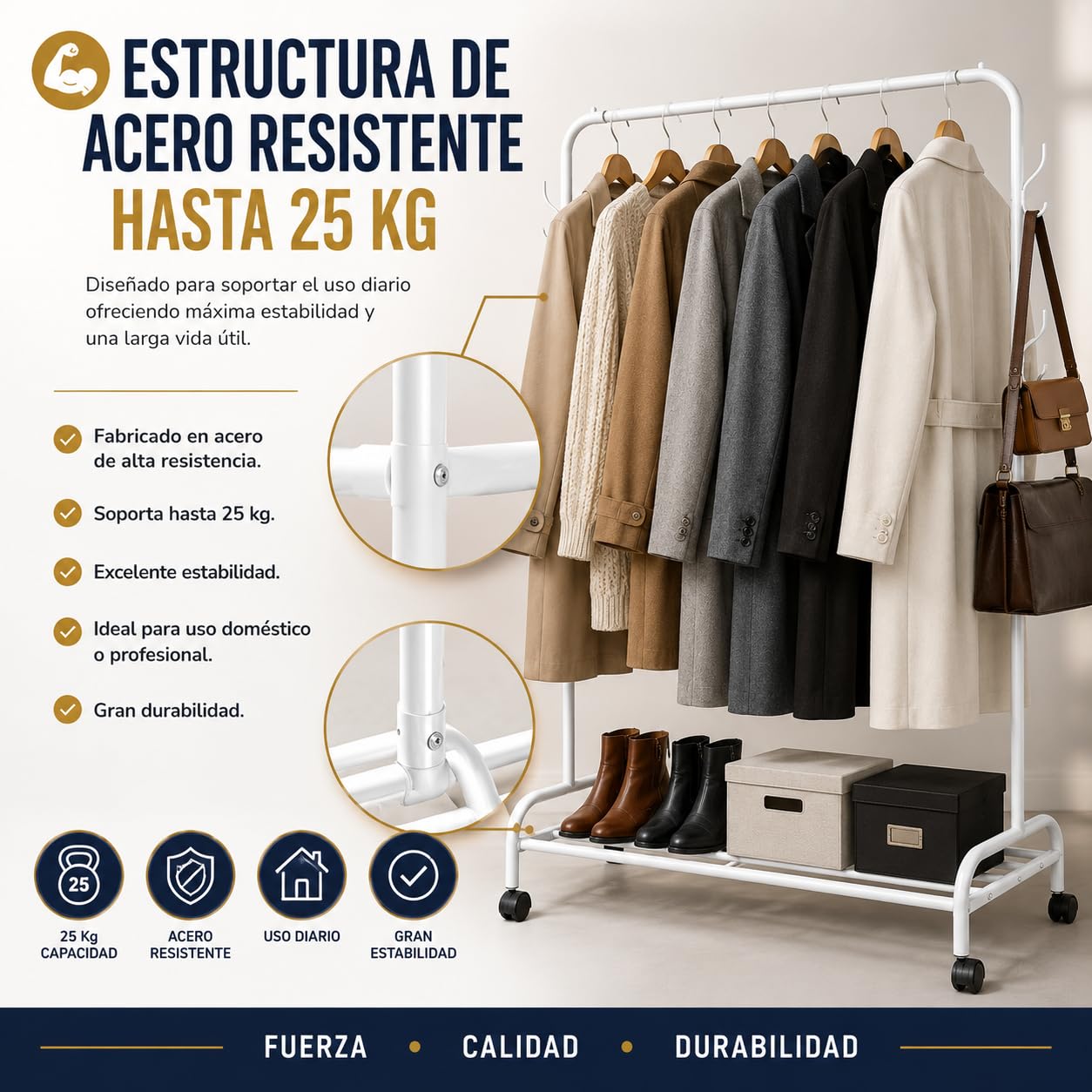 TIENDA EURASIA – Perchero Burro para Ropa con Ruedas | Acero | 4 Ganchos Laterales | Topes Antideslizantes | 4 Ruedas con Freno | Carga Máxima 25 kg | Blanco | 160x118x45.5 cm
