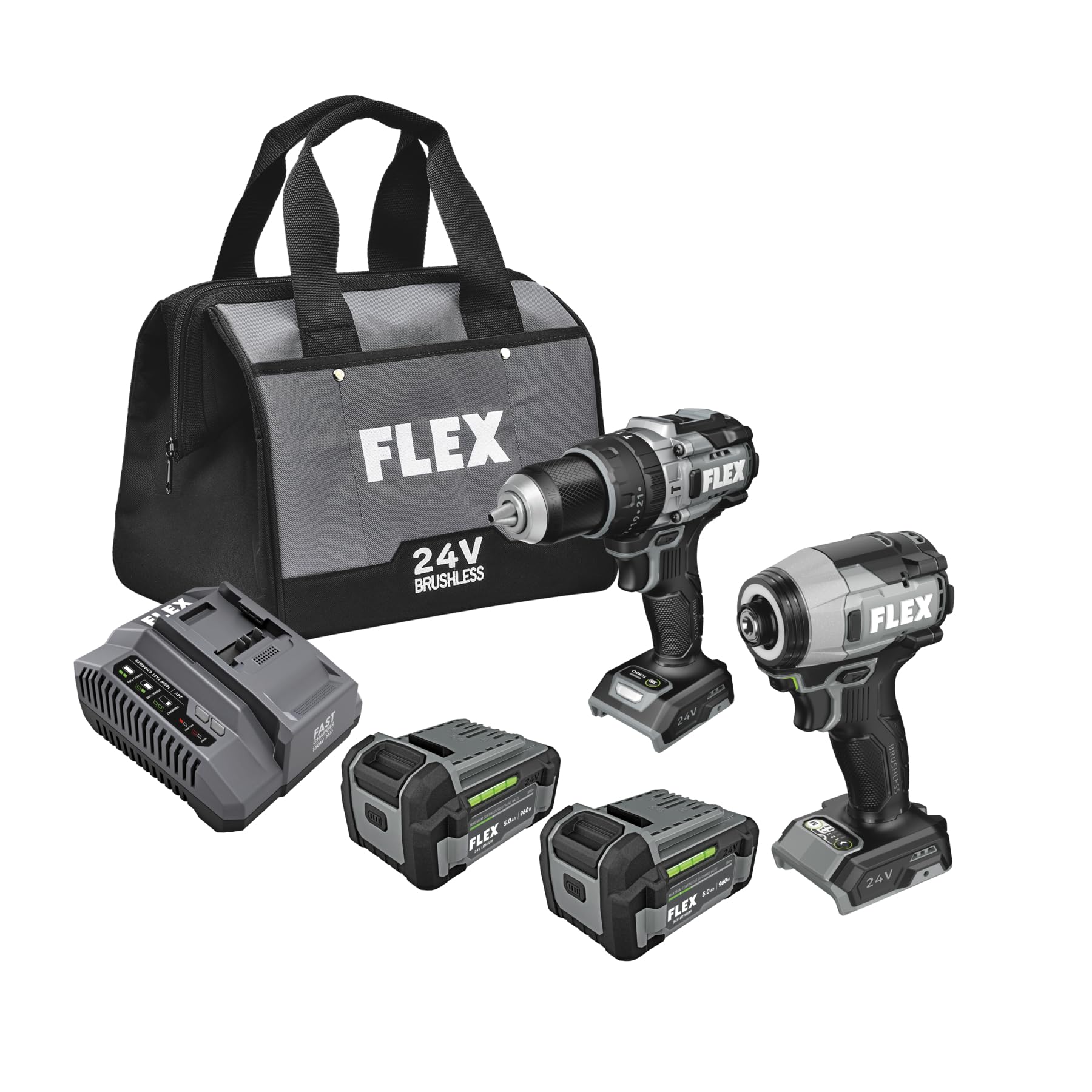 FLEX 24V Brushless Cordless 2-Tool Combo Kit: 1/2-Inch 2-Speed Hammer Drill with Turbo Mode and 1/4-Inch One-Touch Hex Impact Driver with (2) 5.0Ah Lithium Batteries and 160W Fast Charger - FXM210-2C