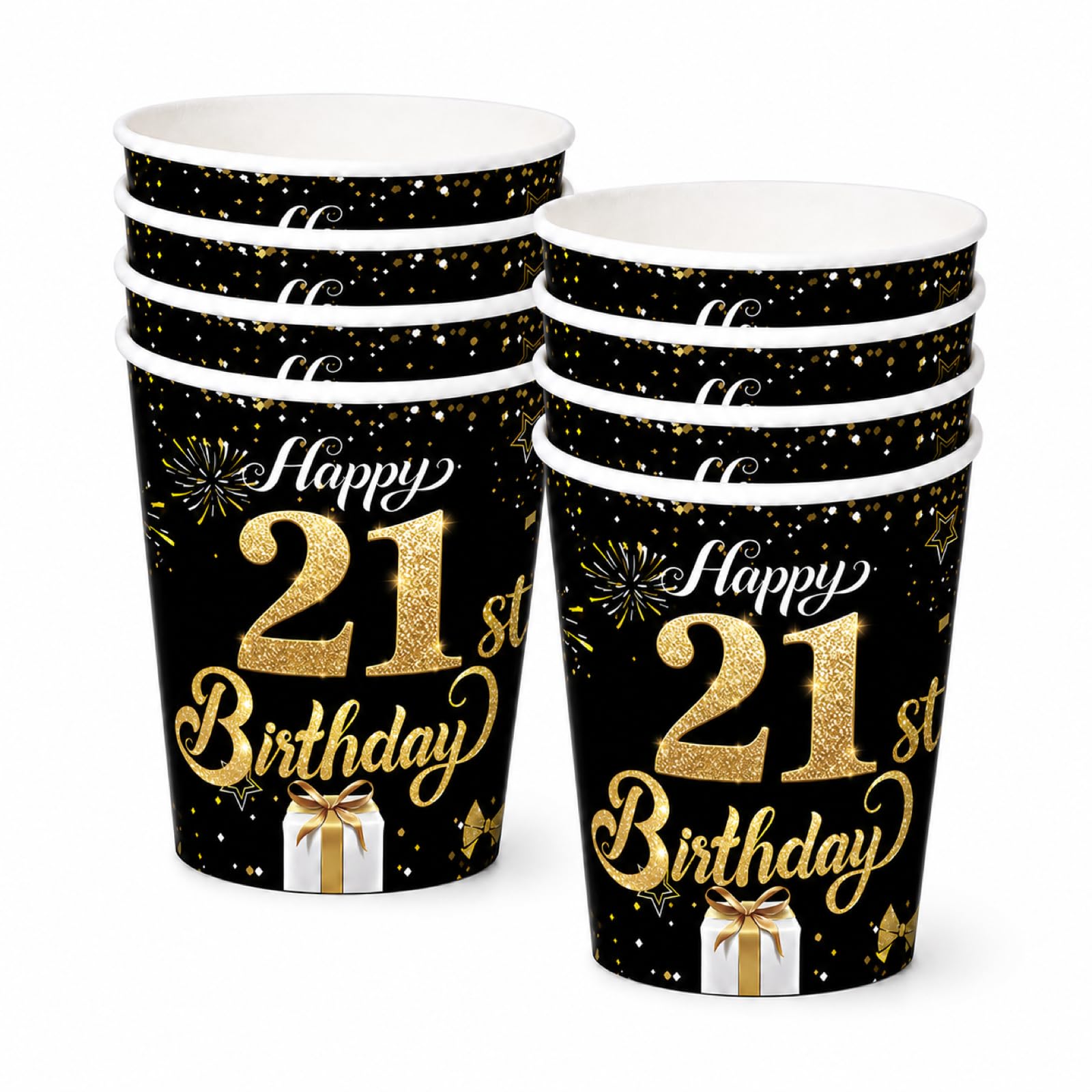 YESAH 21st Black Gold 9 oz Birthday Paper Cups 16 Pack Party Drinkware Set