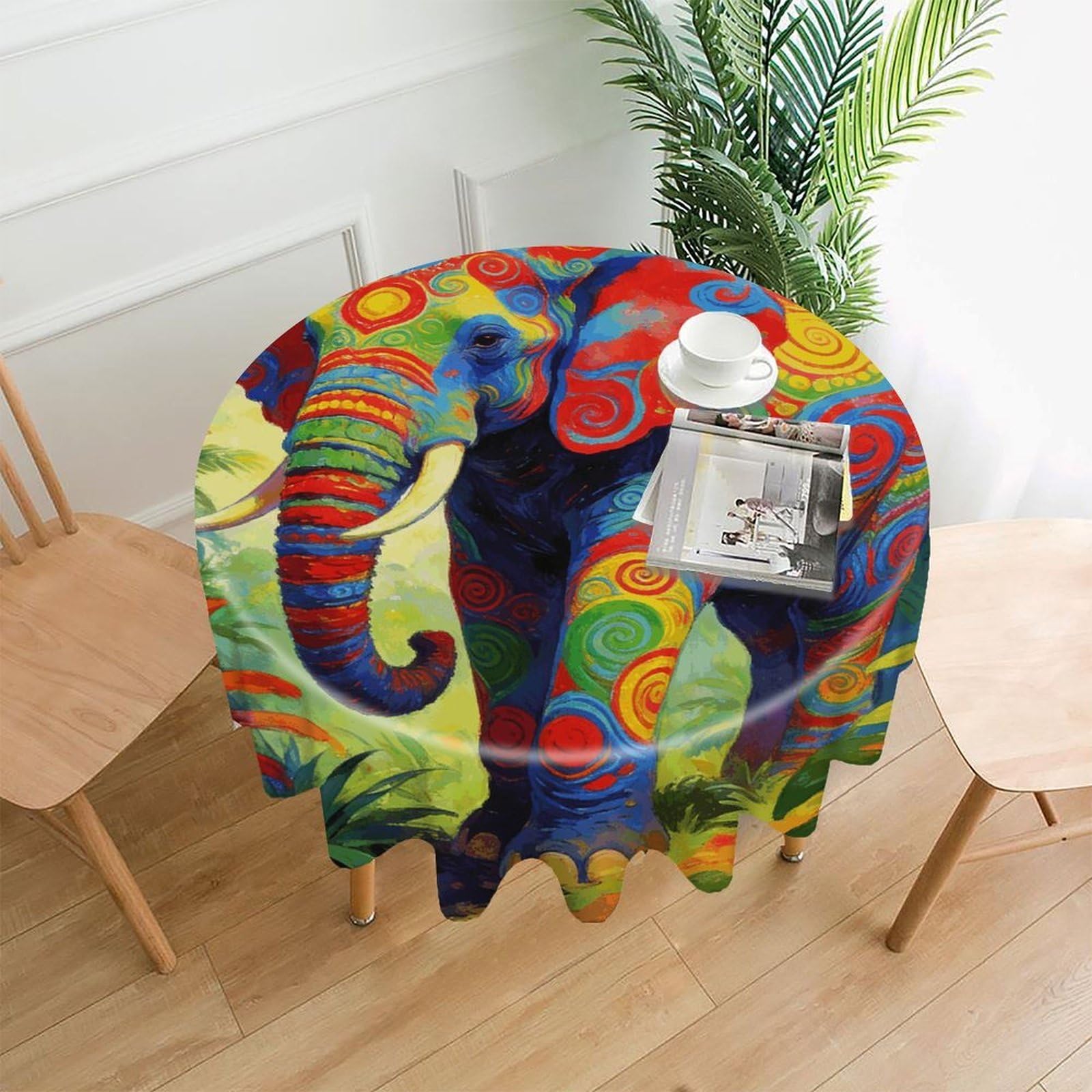 LZQPOEAS Colorful Elephant Tablecloth Easy to Clean Polyester Round Table Cover Washable Round Table Cloth Wrinkle-Free Circle Decoration Tablecloth for Kitchen and Dining Room 60"