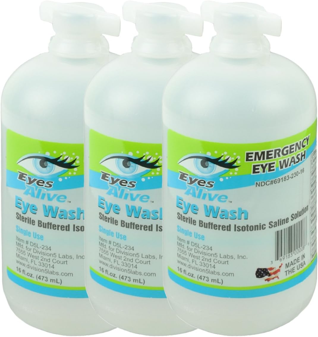Eye Wash Sterile Buffered Isotonic Saline Solution Pack of 3-16oz Bottle - Made in The USA
