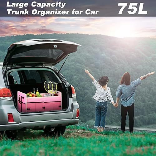 Miniatura 5 de Organizador de maletero de automóvil con bolsa enfriadora individual, 2 compartimentos, almacenamiento plegable para automóvil SUV (rosa)