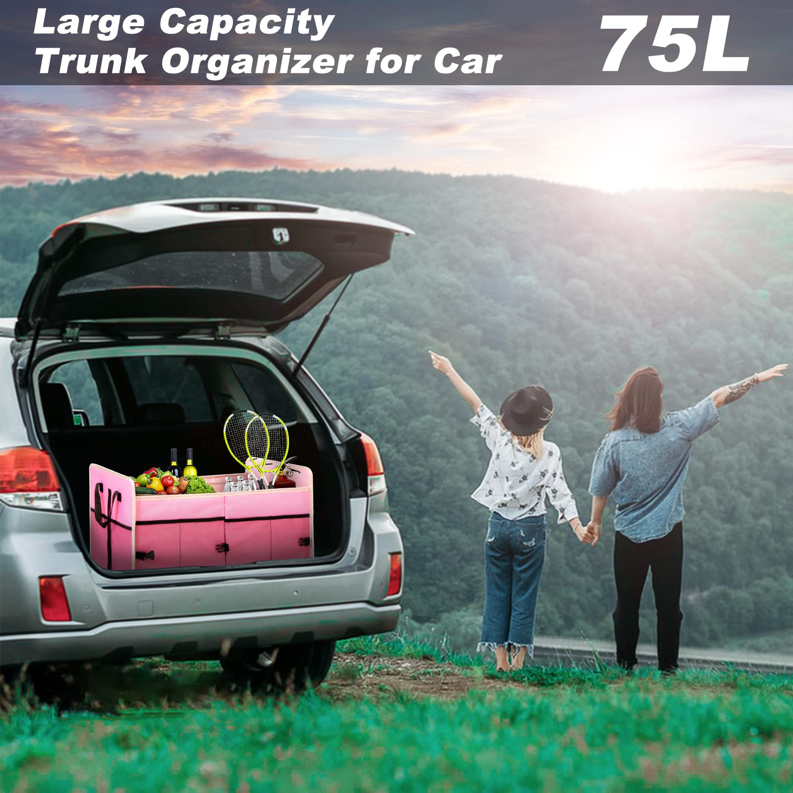 Organizador de maletero de coche con bolsa térmica individual, almacenamiento plegable de 2 compartimentos para SUV (rosa)