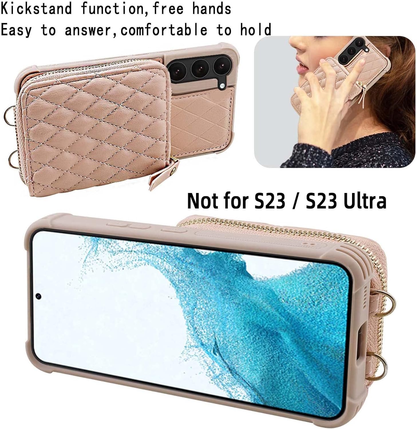 MONASAY Zipper Wallet Case Fit for Galaxy S23+ Plus, [RFID Blocking] Flip Leather Handbag Phone Cover with Card Holder and Crossbody Shoulder Lanyard Strap, Rosegold