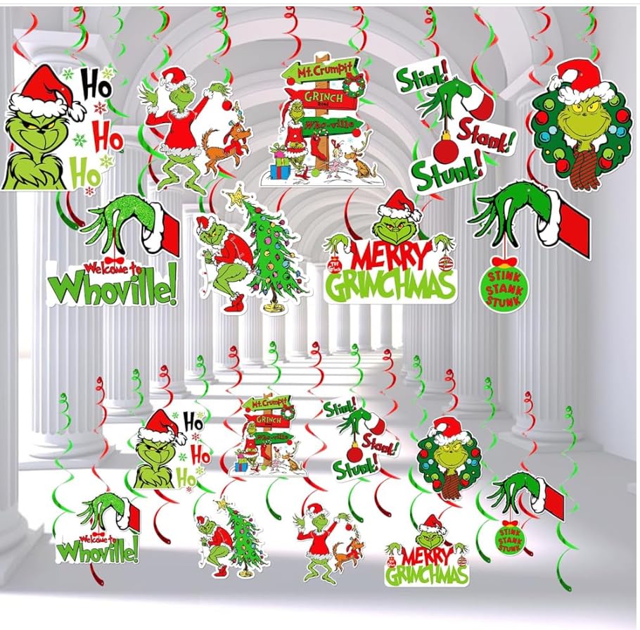 36pcs Christmas Mode Hanging Stink Streamers Decorations,Green Monster Hanging Swirls Christmas Party Decorations Ceiling Decorations Birthday Party Decorations Outdoor Decorations for Christmas