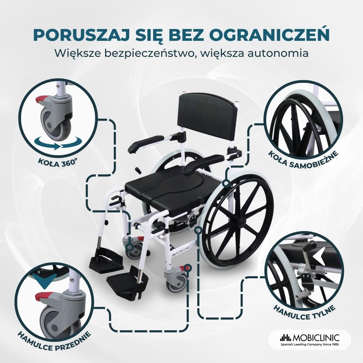 Mobiclinic®, Krzesło Wannowo-Prysznicowe na Kółkach, Przenośna Toaleta, Ze Zdejmowaną Miską, Samobieżne, Regulowana Wysokość, Składany Podnóżek i Podłokietniki, Caligula