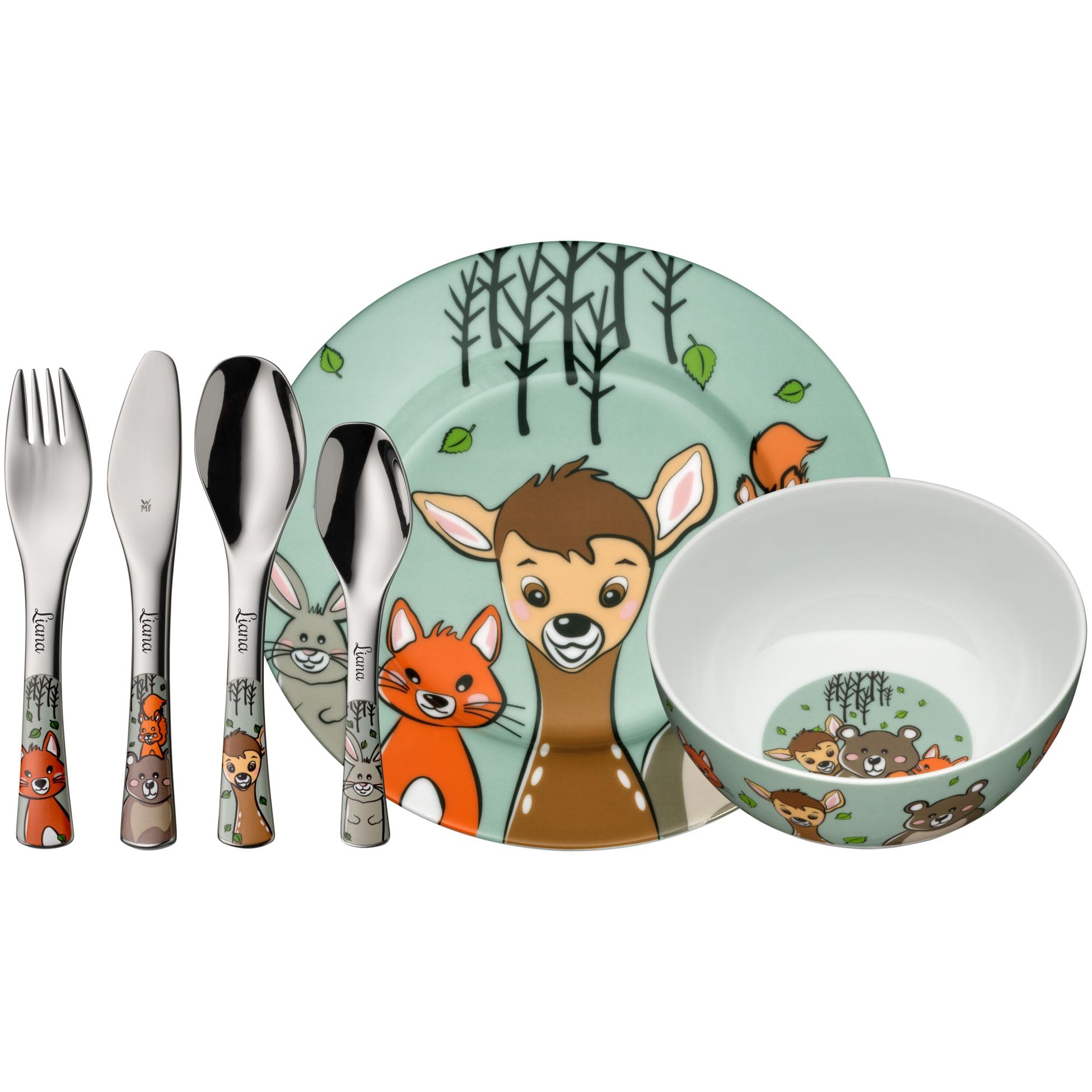 WMF Kindergeschirr Set Waldfreunde 6-teilig mit Gravur – Personalisiertes Kindergeschirr mit Namen – Porzellan Teller & Schale mit Kinderbesteck – Geschenk für Mädchen und Jungen ab 3 Jahre