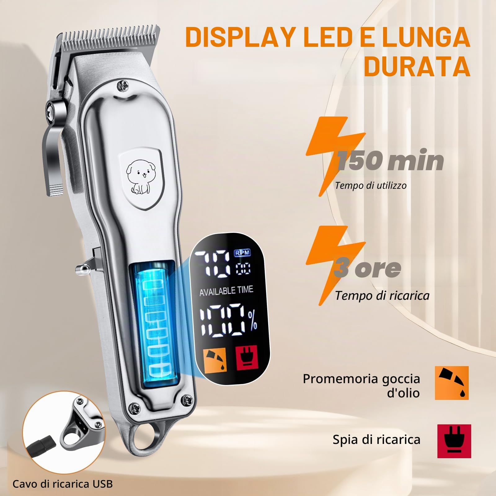 YAZEKY Tosatrice per Cani Professionale, Senza Tosatrice per Cani pelo lungo, Set di Tosatrici per Animali Domestici con 4 Testine di taglio, motore potente per capelli spessi/ricci/ondulati (Argento)