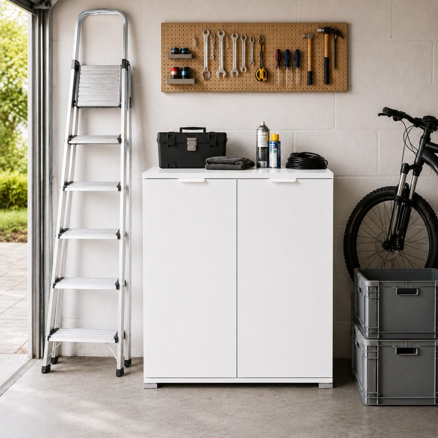 The White Stone Mobile Base 2 Ante Bianco Già Montato | Armadietto Salvaspazio 75x85x38 cm | Mobile Bagno e Lavanderia con Ripiani Regolabili e Struttura in Legno Nobilitato