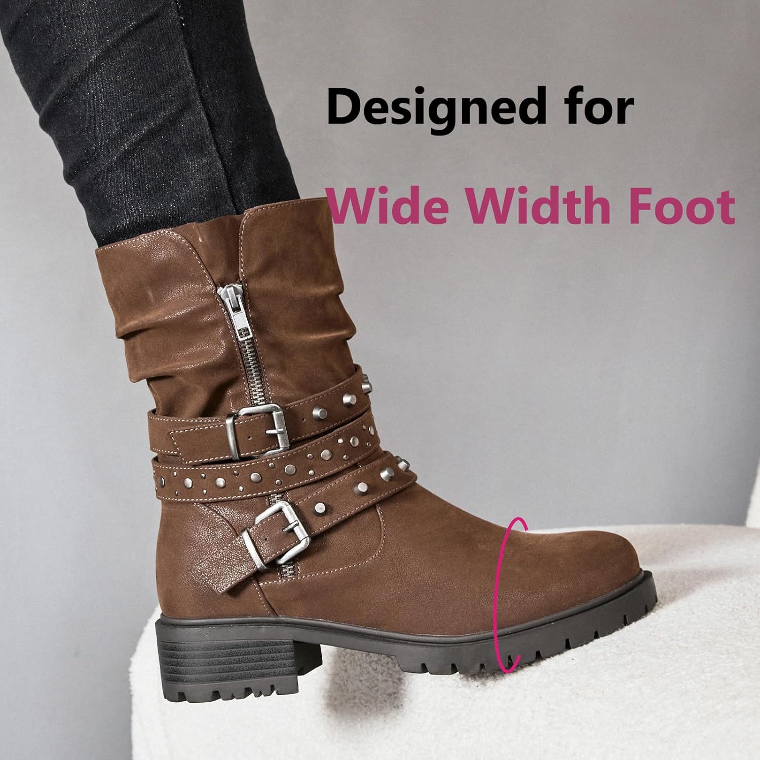 Women's Wide Width Ankle Boots True Plus Size Wide Foot Flat Slouchy Booties Comfort Riding Combat Rivet Short Boots for Women.