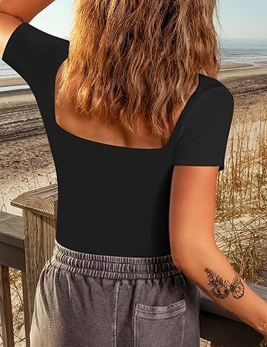 Miniatura 7 de Chunpin Body sexy de manga corta con cuello cuadrado para mujer, con doble forro y tanga ajustada