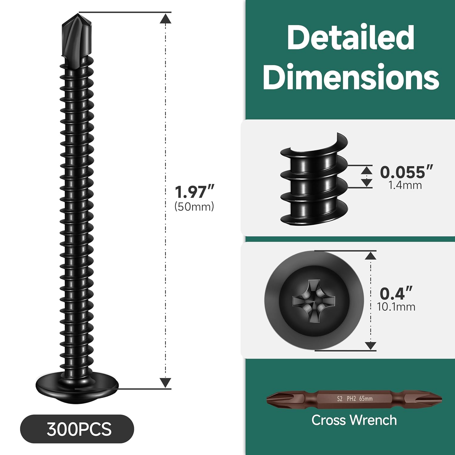 #8 x 2 Black Self Tapping Screws for Metal, Truss Head Phillips Drive 410 Stainless Steel Self Drilling Sheet Metal Screws with Drill Bit, Fast Tapping (Box of 300)