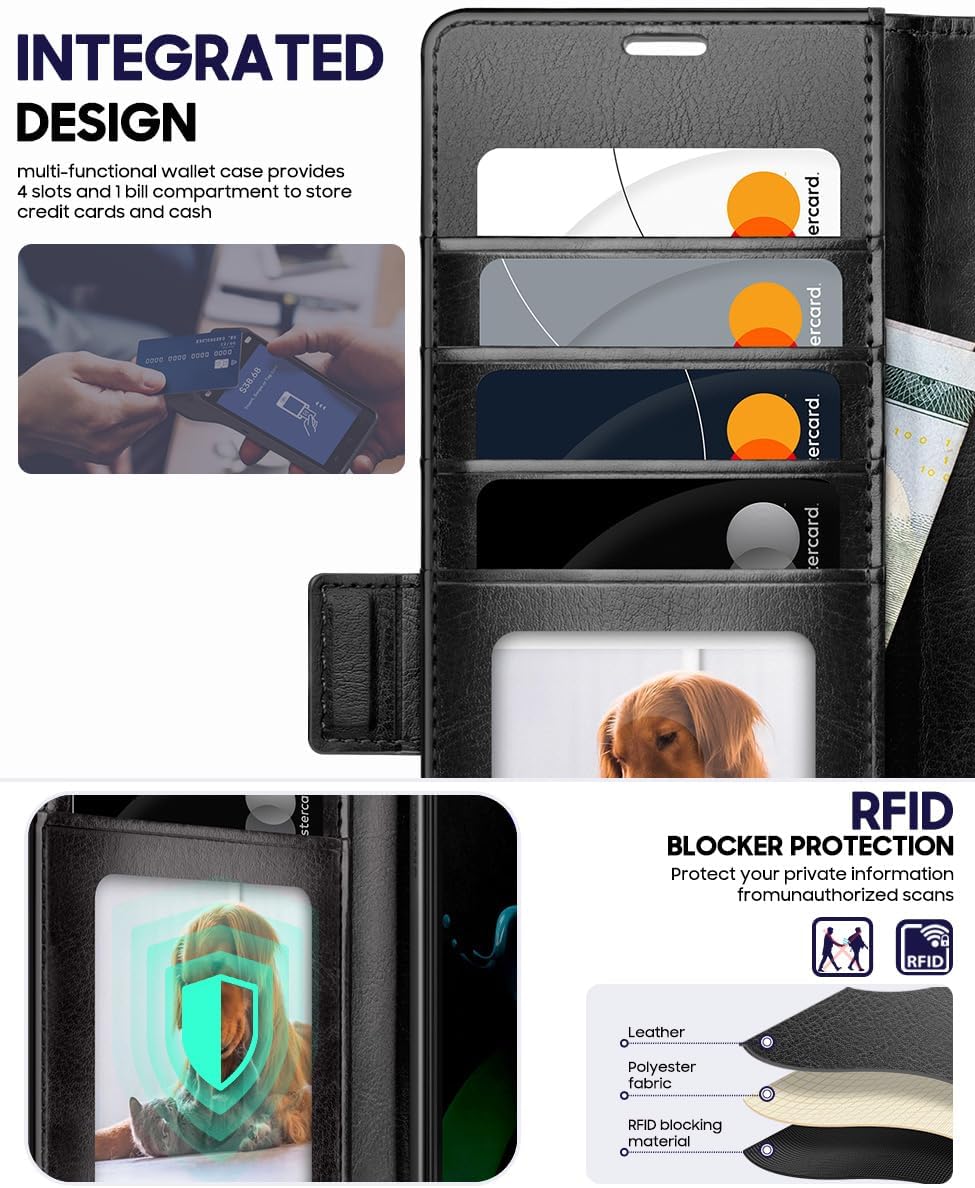 OCASE for Galaxy Z Fold7 Wallet Case, PU Leather Flip Folio with Card Slots, RFID Blocking, Kickstand & Wrist Strap, Phone Cover for Galaxy Z Fold 7 2025, Black