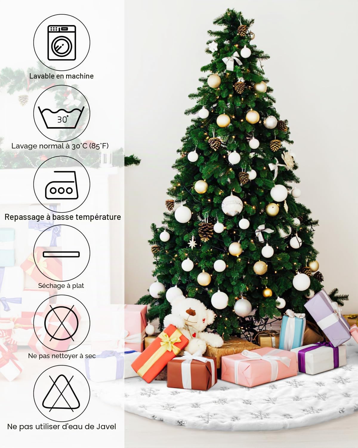 COOLWUFAN 48 inches/120cm Jupe de Sapin de Noël pour Arbre de Noël Décorations de Fête de Vacances Blanc en Peluche Argent Sequin Flocon de Neige
