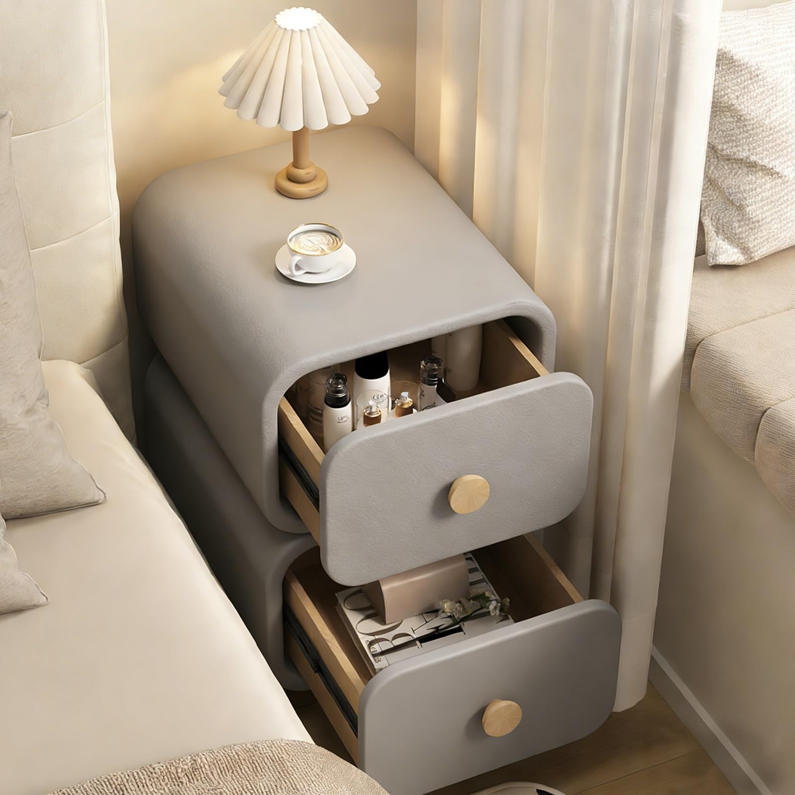 SXZenSpace Narrow Nightstand with 2 Drawers Modern Bedside Table Wood Night Stand for Bedroom Dorm and Small Spaces(Gray,30x40x50cm)
