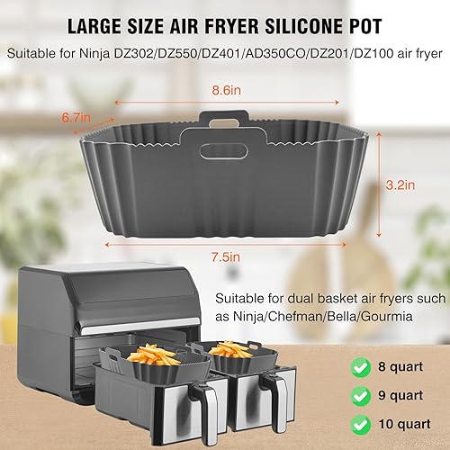 Miniatura 10 de Forro de silicona plegable para freidora de aire de 6 a 7 cuartos de galón de doble cesta, cesta antiadherente para freidora de aire, sartén
