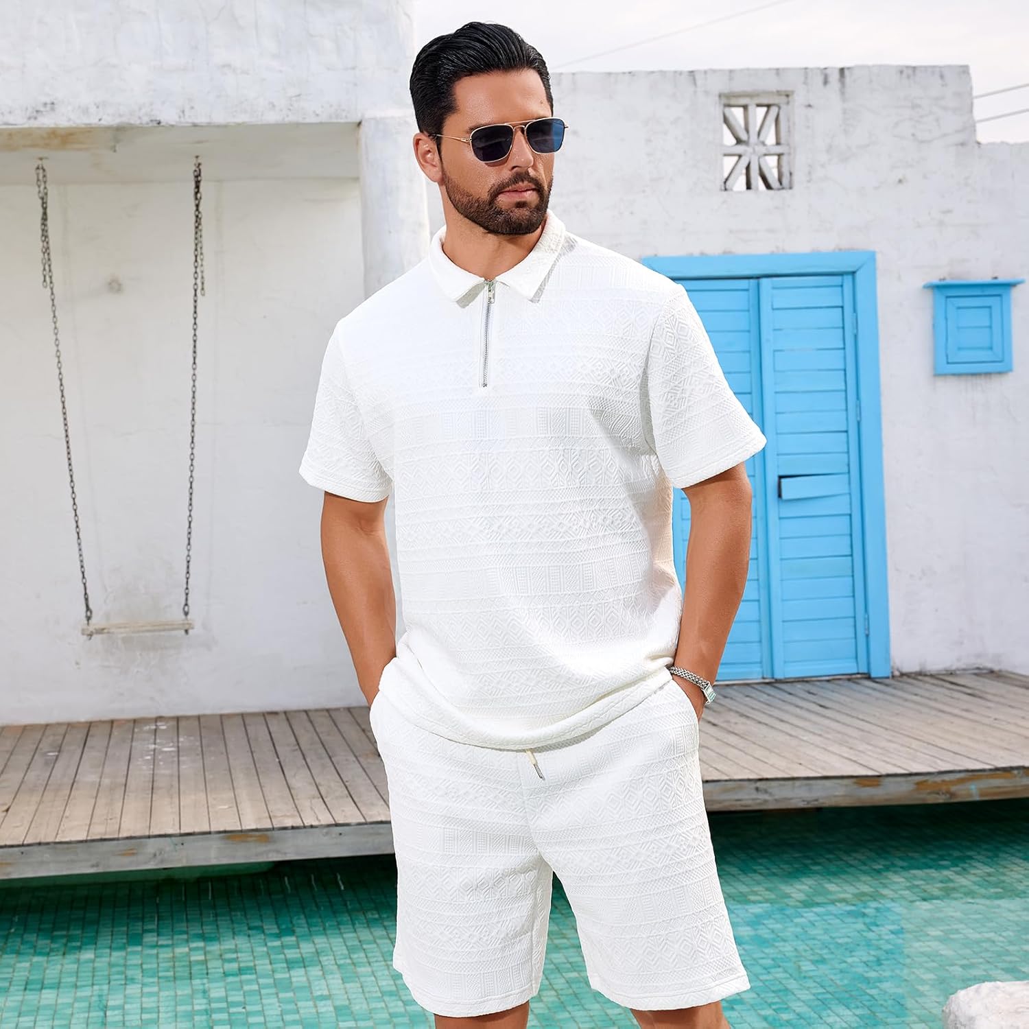 Men's White Textured Polo Shirt and Shorts Set, Quarter-Zip Collar, Casual Summer 2-Piece Outfit - Image 2