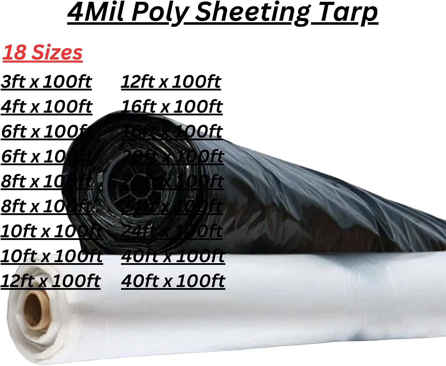 Clear Poly Sheeting Tarp - (24ft x 100ft-Black) 4Mil Thick Frosted Plastic Tarp Waterproof & Dust Protective Equipment Cover | Agricultural, Construction, & Industrial Use