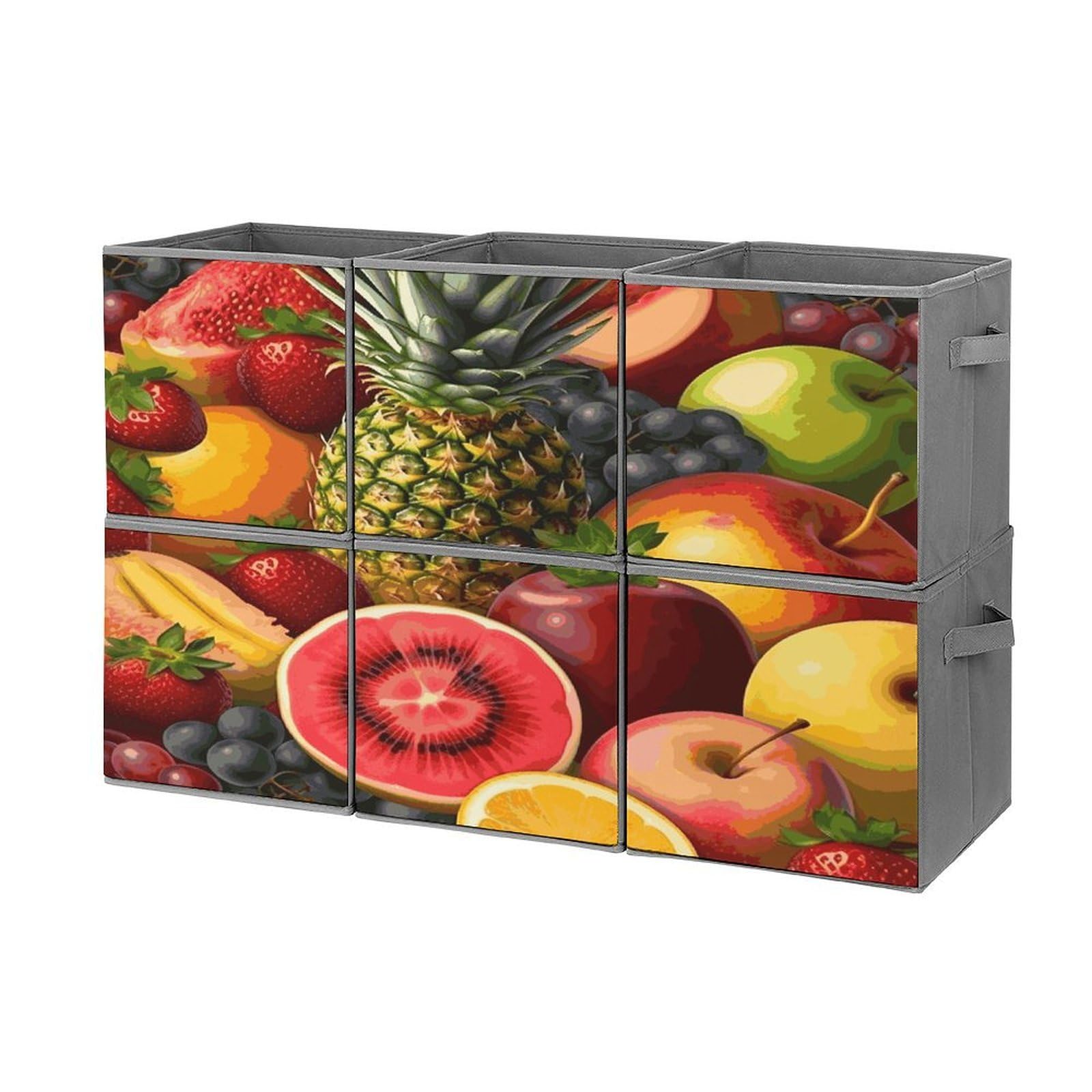 Fekiloot Style Fresh Juicy Fruits Pineapple Berries Watermelon Grape Orange Storage Bin For Foldable And Handles,Closet Organizer Of 6-Pack Stackable,Storage Box For Living,Room, Office,Bedroom,Closet