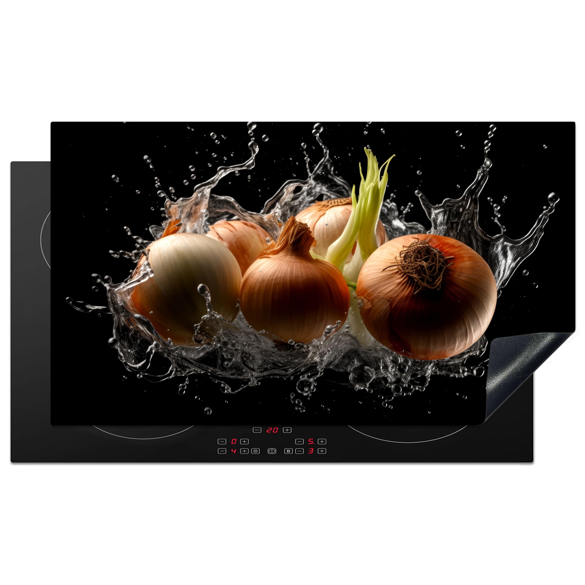 KitchenYeah© Induction Hob Protector Mat 20.5"x35.9" / 91.2x52 cm Stove Cap Top Cover Kitchen Cooker Covers for Electric Hobs Vinyl Onion - Vegetable - Brown - Water - Black