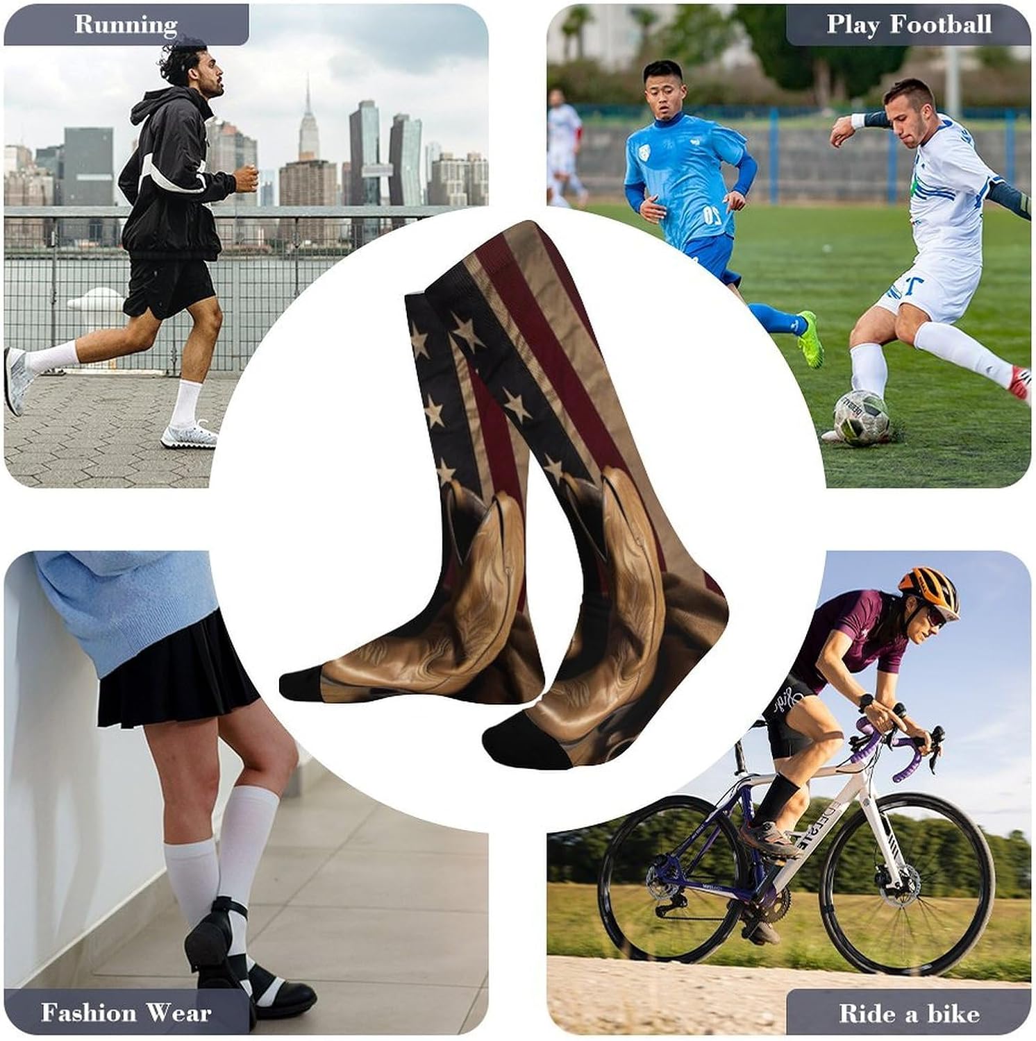American Flag Cowboy Boots Knee High Soccer Socks Moisture Wicking
